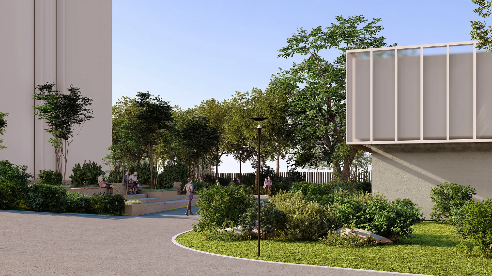 Arizona University campus landscape render: garden by the academic building — SAD studio