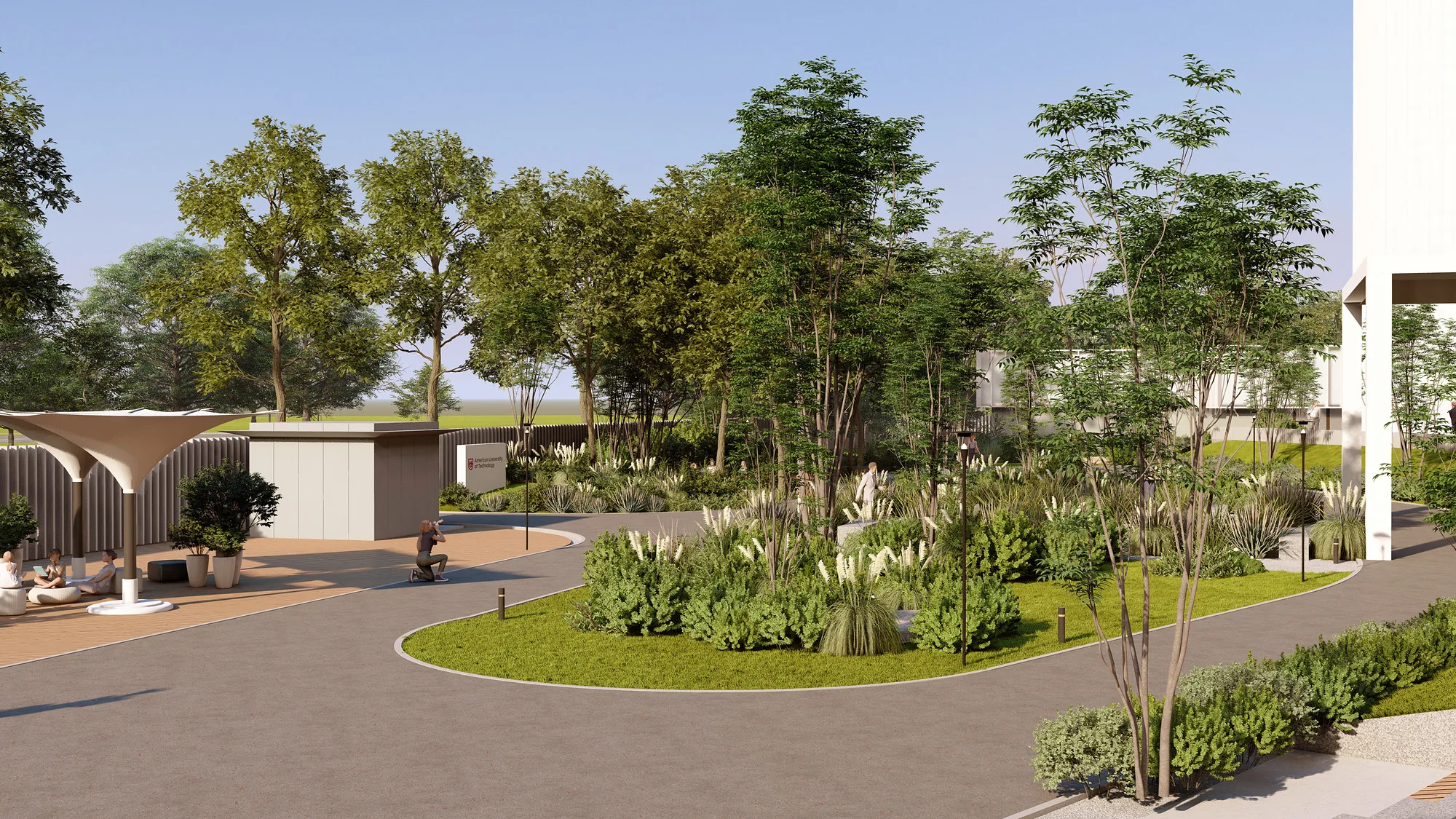 Arizona University campus landscape render: round planting bed by the entrance — SAD studio