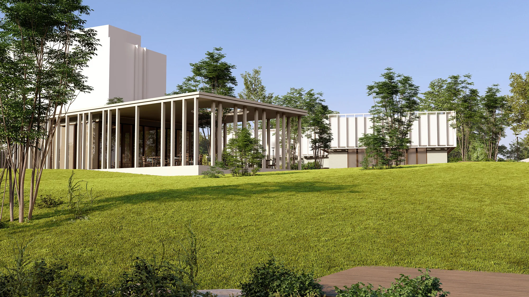 Arizona University campus landscape render: pavilion on the lawn — SAD studio