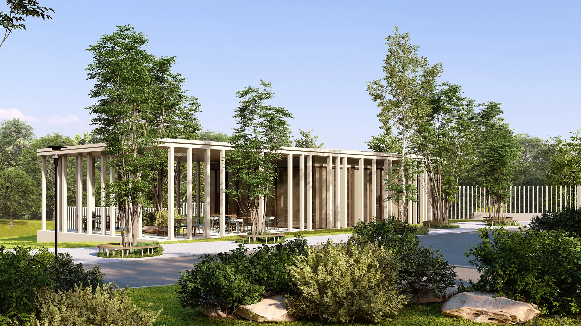 Arizona University campus landscape render: pavilion colonnade — SAD studio