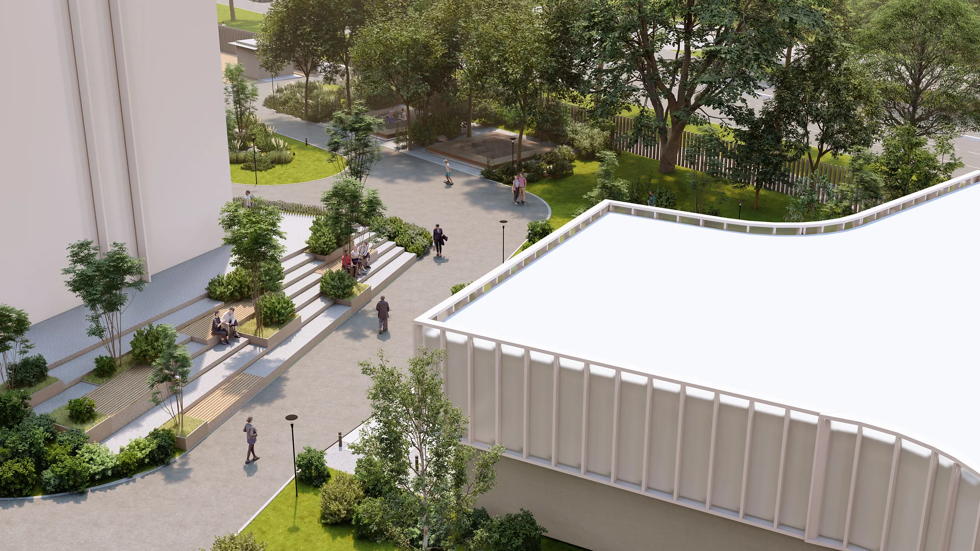 Arizona University campus landscape render: alley along the building — SAD studio