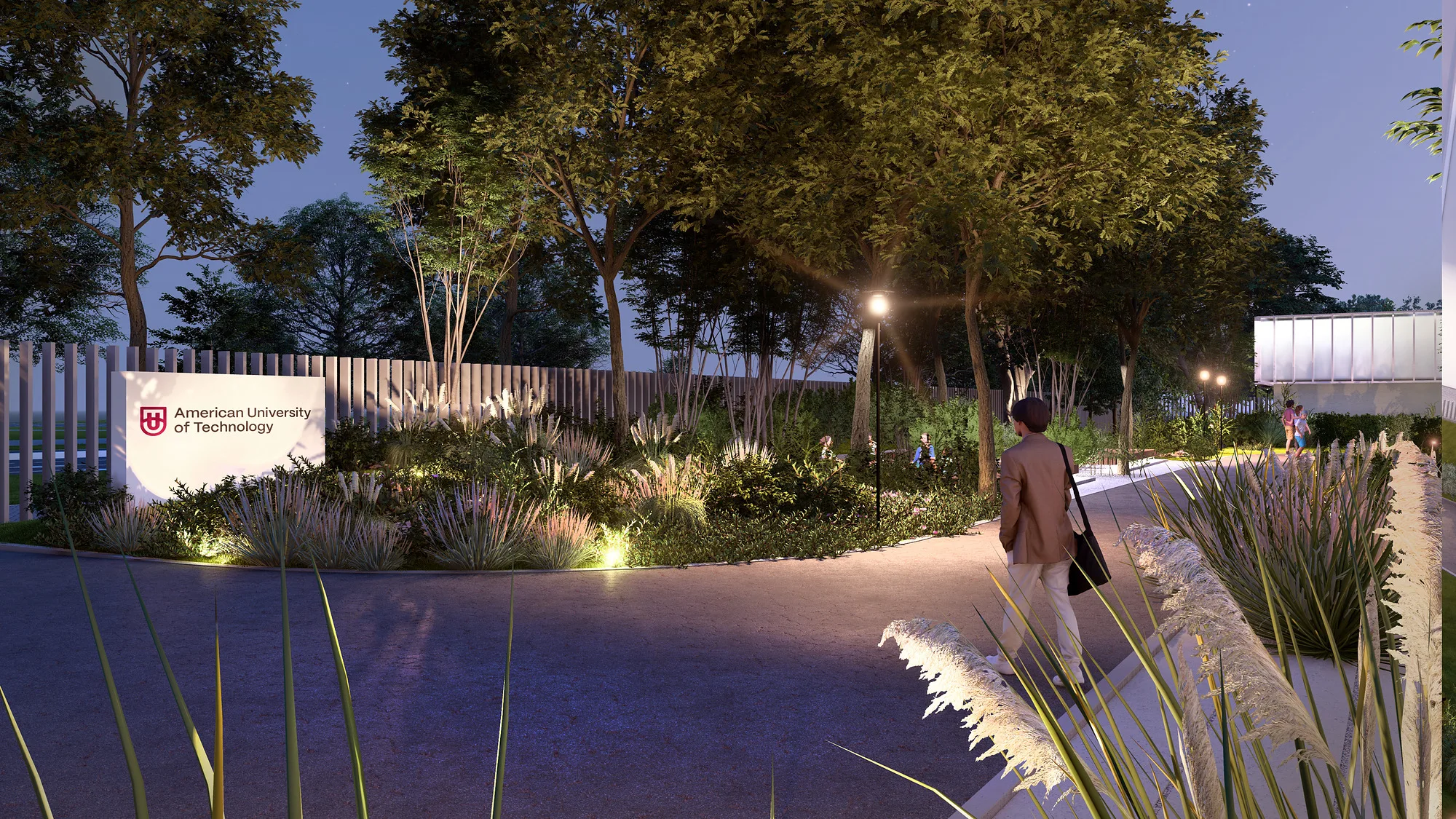 Arizona University campus landscape render: entrance in the evening — SAD studio