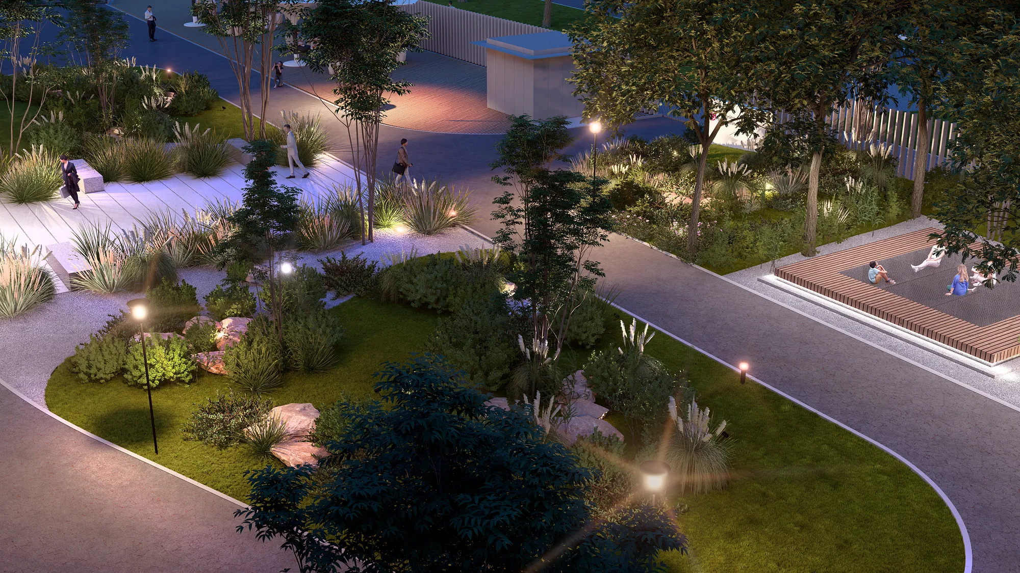 Arizona University campus landscape render: garden in the evening — SAD studio