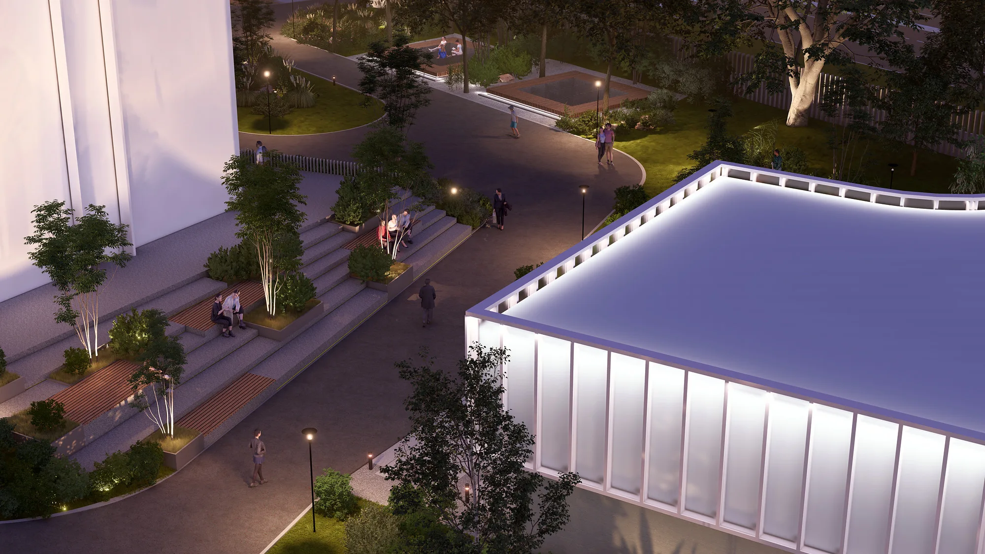 Arizona University campus landscape render: courtyard in the evening — SAD studio