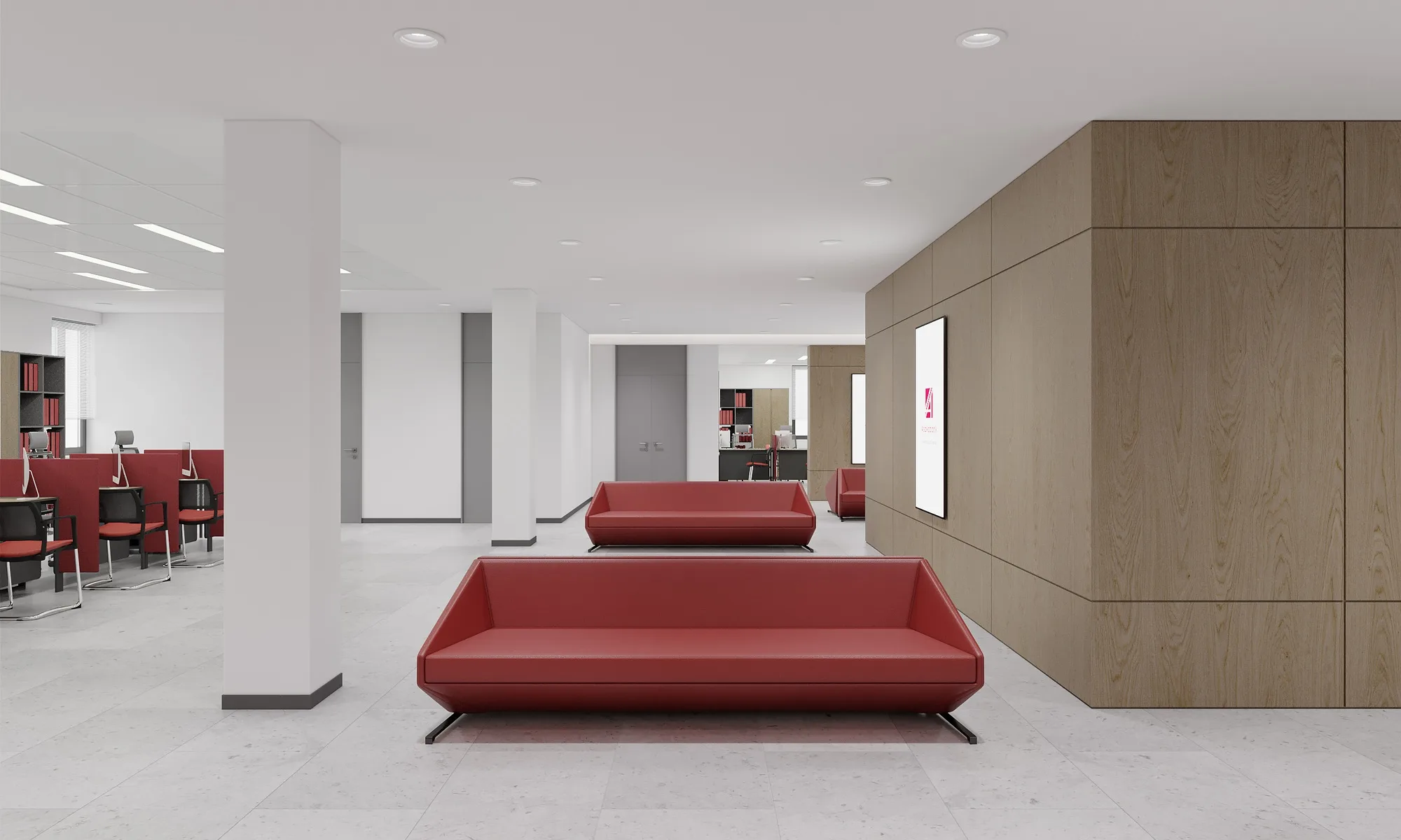 A branch hall with a faceted timber volume and waiting area