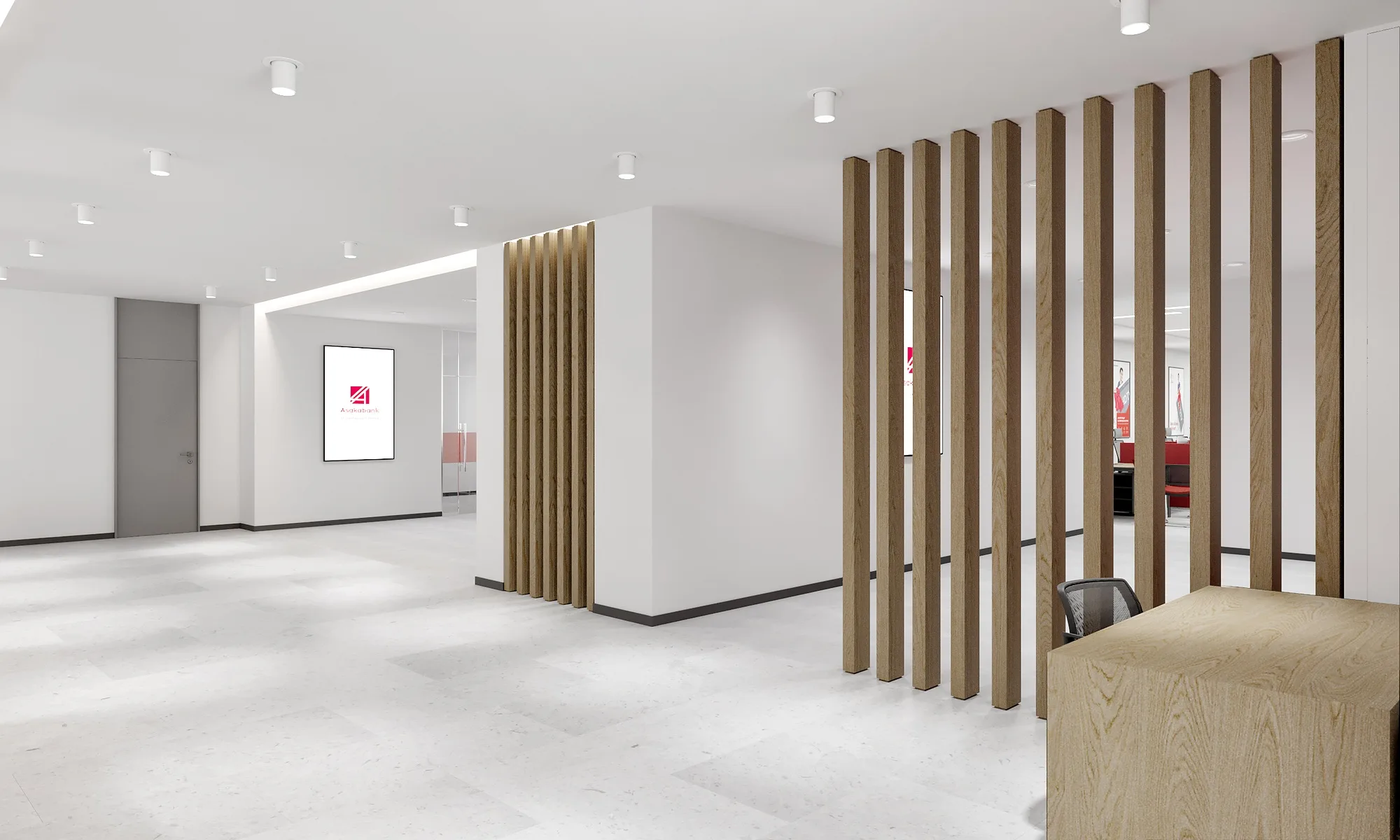 A timber louvre screen dividing the zones of the hall