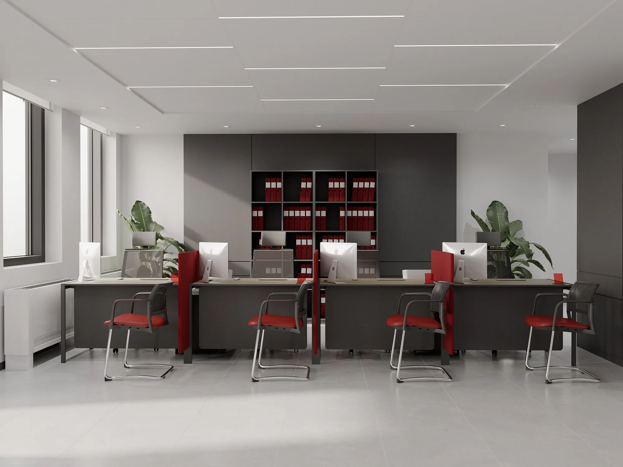 Service desks with the brand's red screens