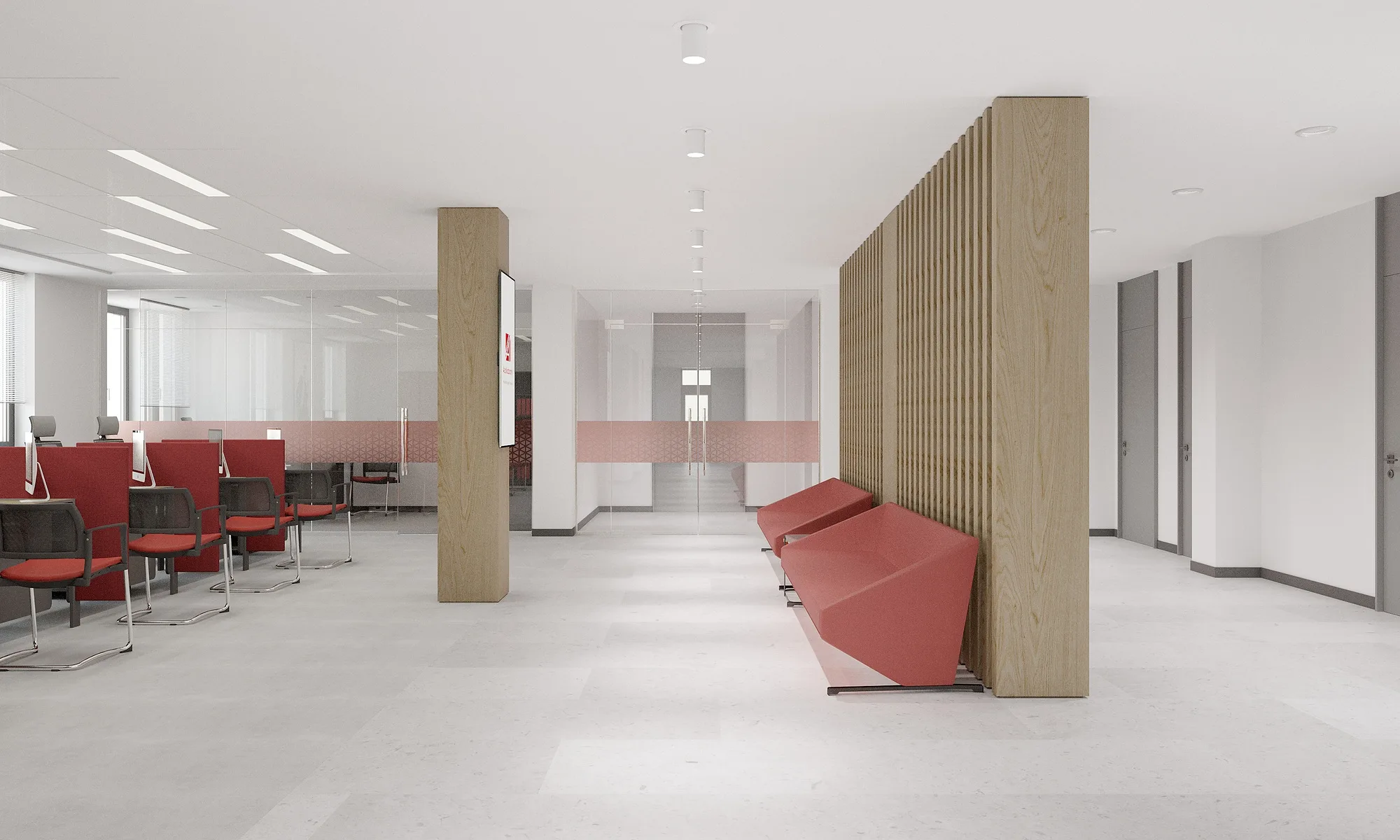 A timber partition between the banking floor and the circulation