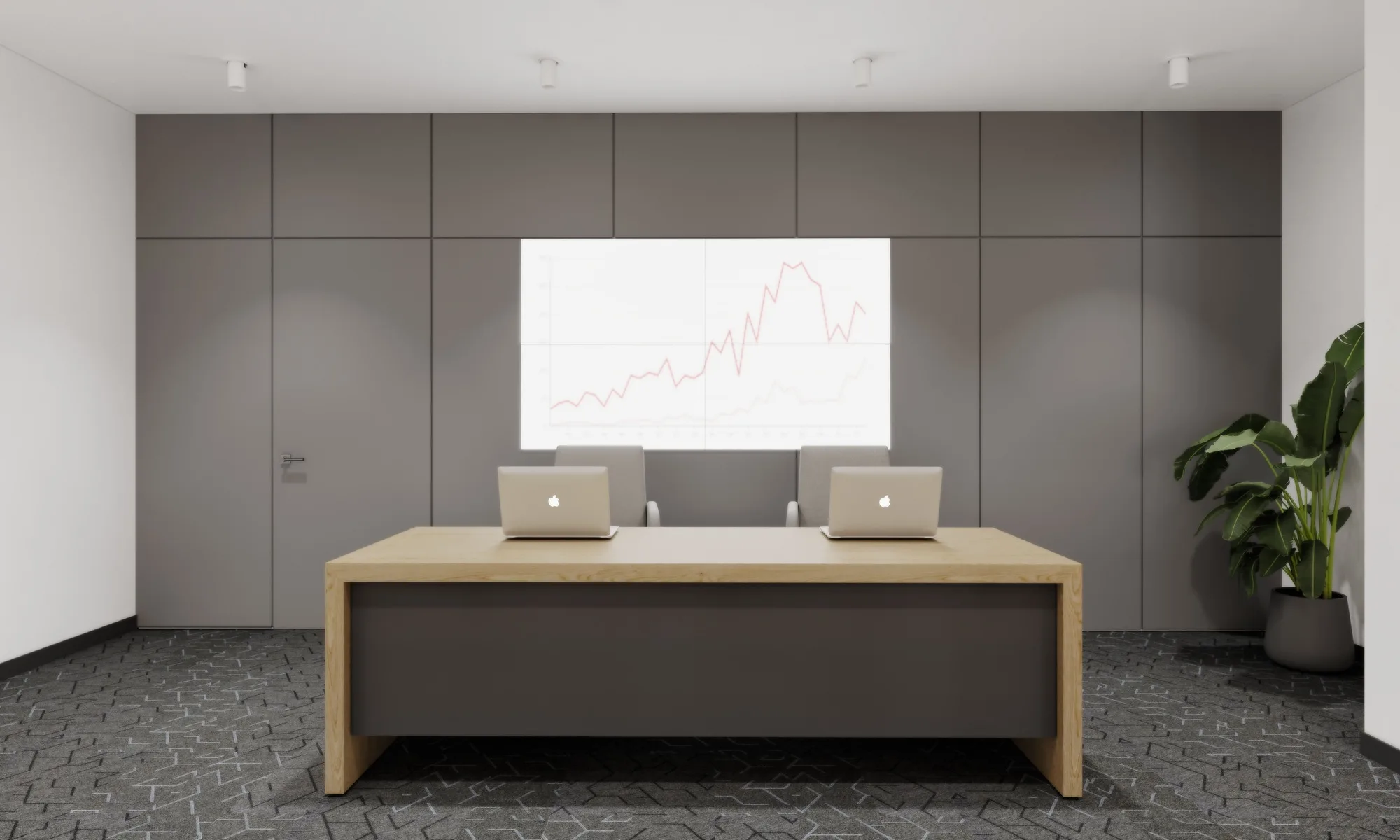 The presentation wall of the conference hall with its screen