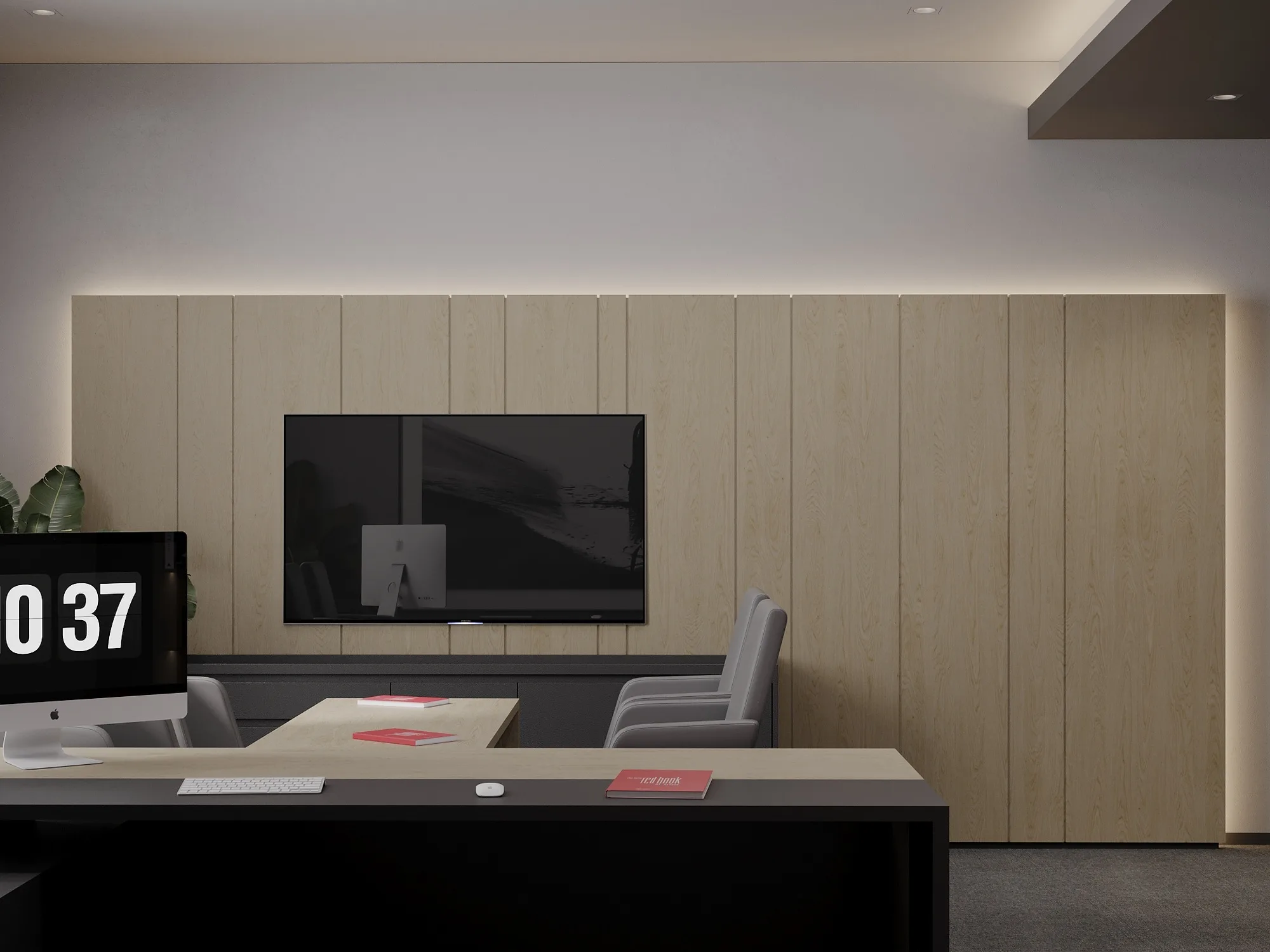 A meeting room with the screen panel and storage