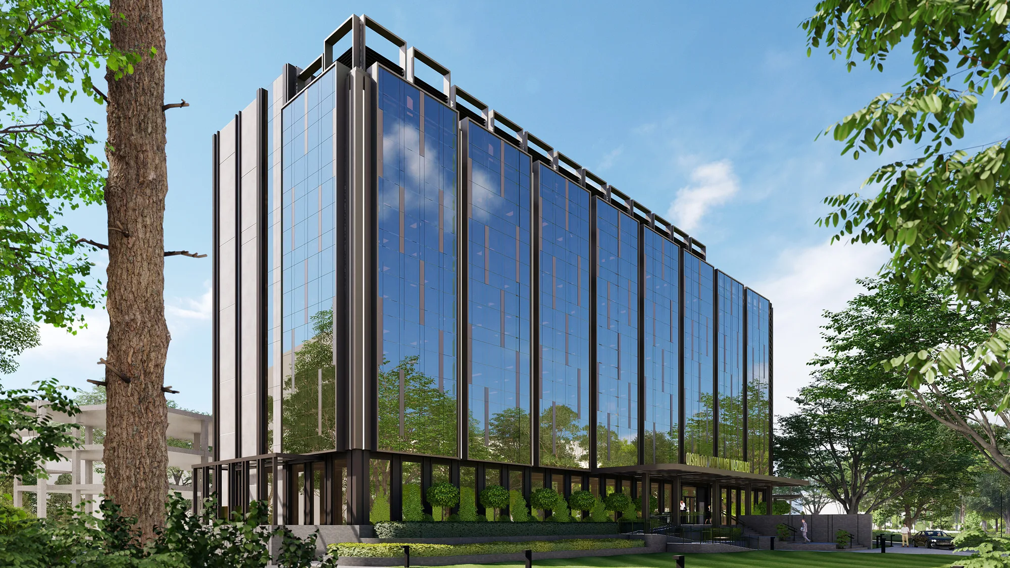 Bakery company office building render: glass facade from the corner — SAD studio