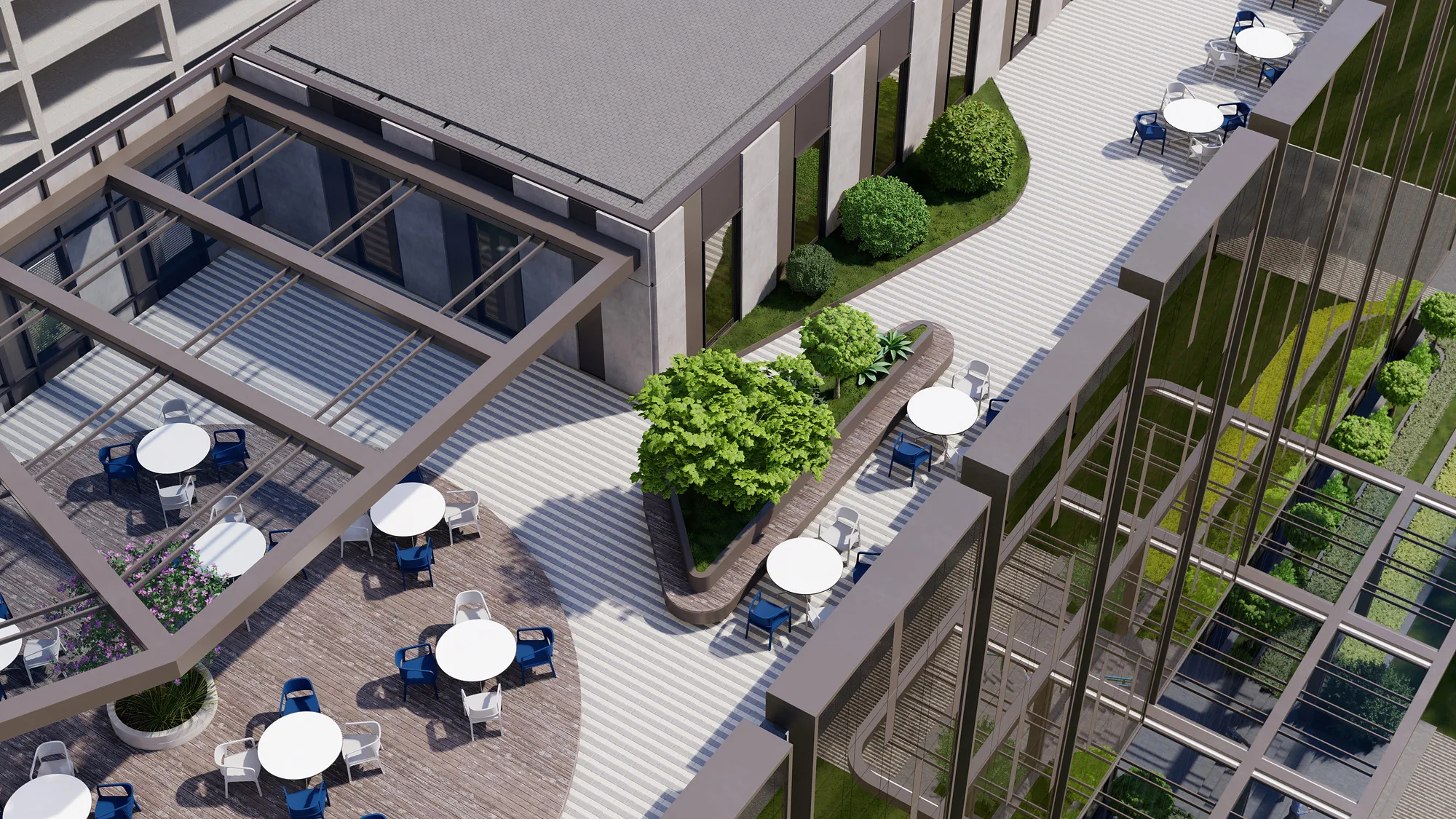 Bakery company office building render: café terrace from above — SAD studio