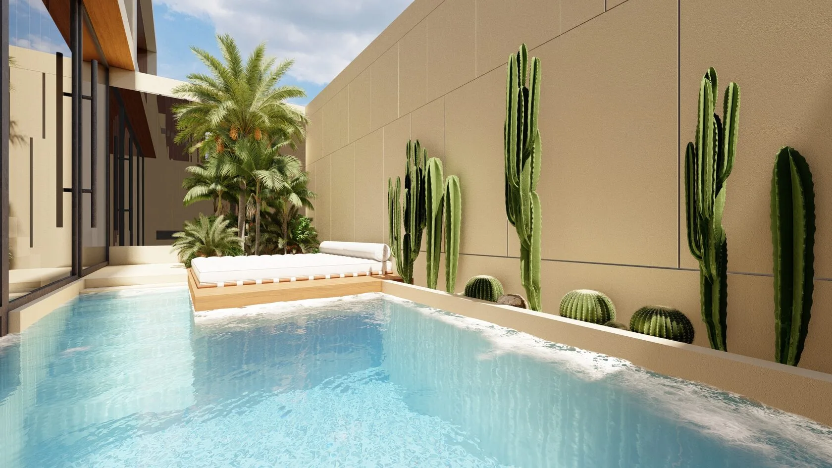 Berawa Villas and Apartments in Bali: the villa courtyard pool with cacti — SAD studio