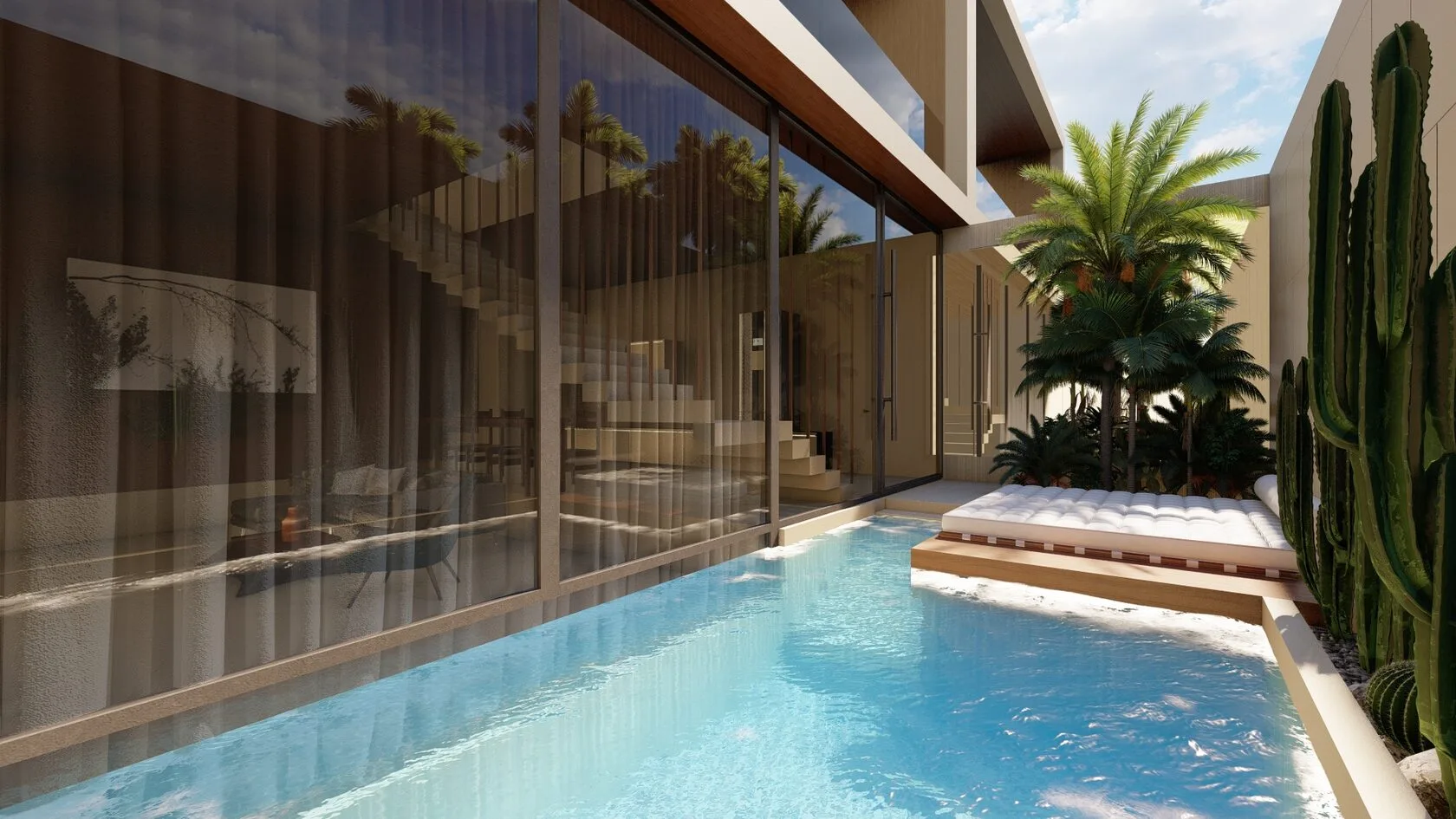 Berawa Villas and Apartments in Bali: the pool along the glazed living room — SAD studio