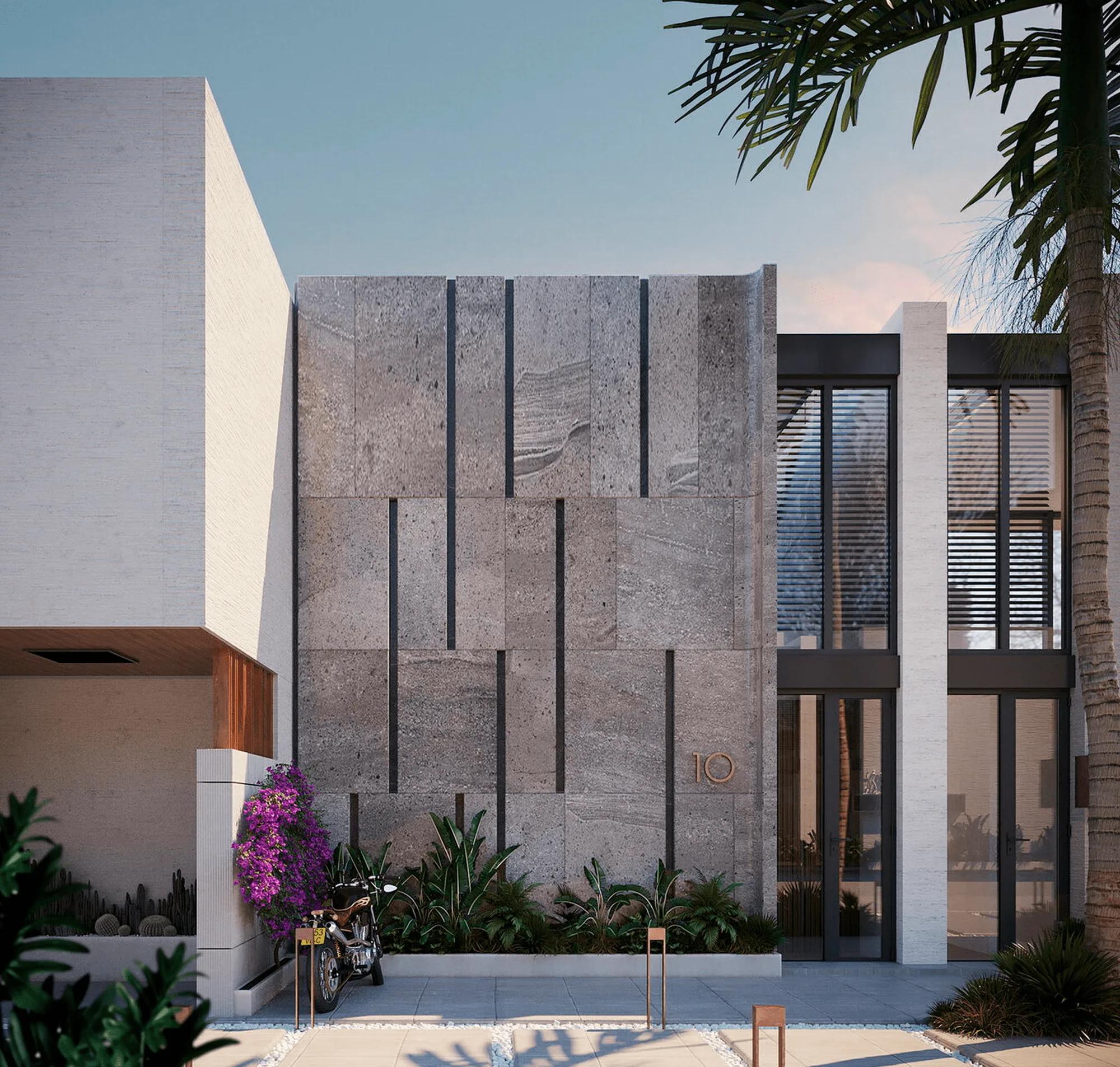 Berawa Villas and Apartments in Bali: a villa facade with a stone wall — SAD studio