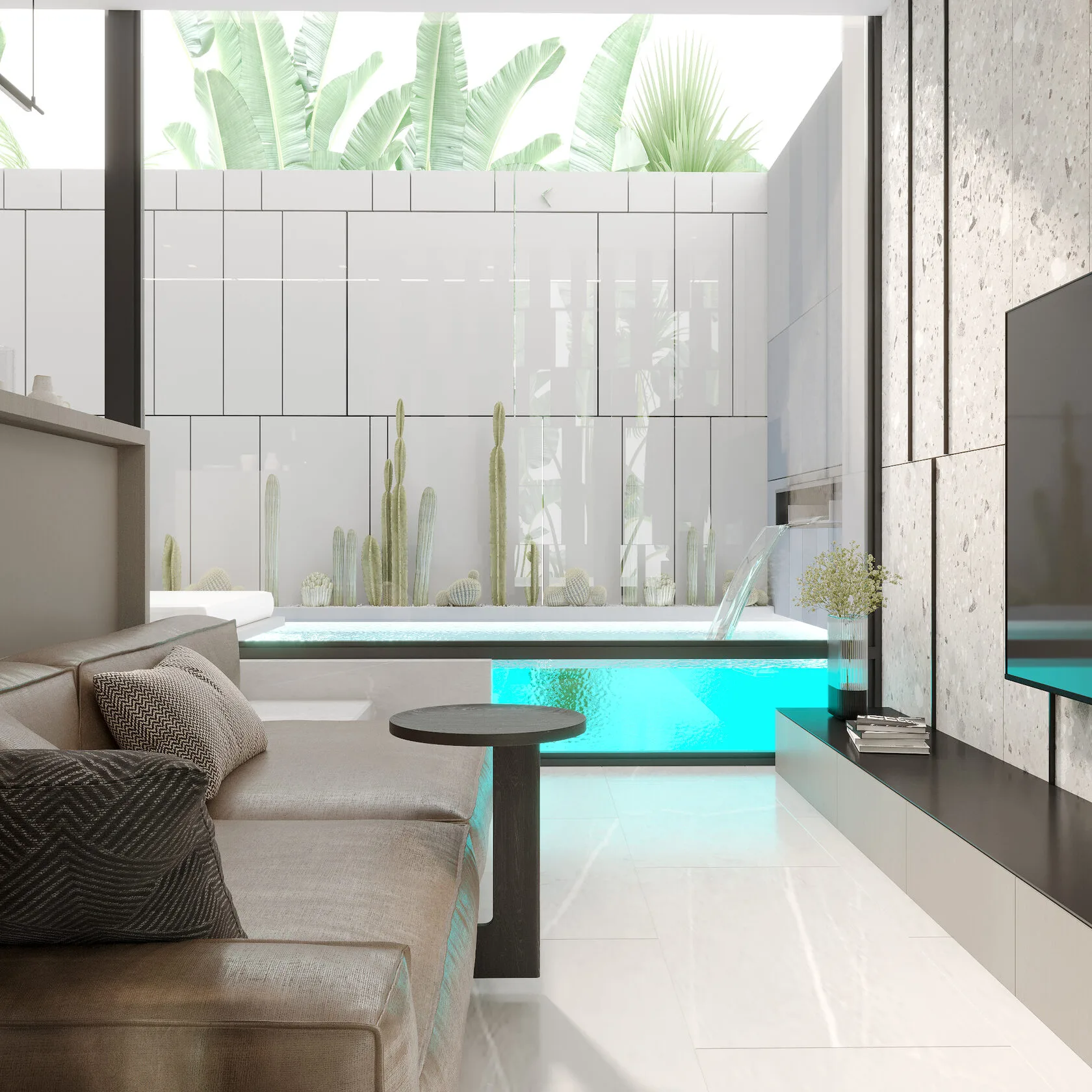 Berawa Villas and Apartments in Bali: the lounge by the lit pool — SAD studio