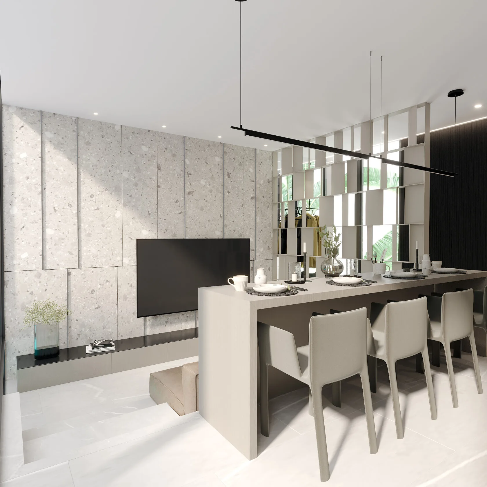 Berawa Villas and Apartments in Bali: the dining area with a terrazzo wall — SAD studio