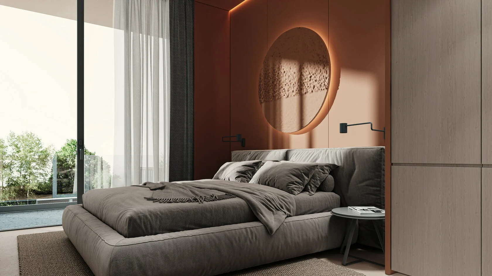 Berawa Villas and Apartments in Bali: the bedroom with a terracotta wall — SAD studio
