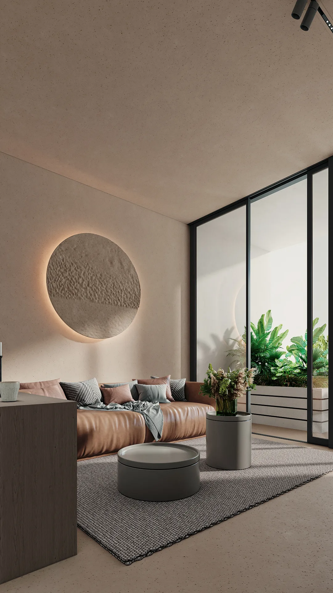 Berawa Villas and Apartments in Bali: the living room with a round panel — SAD studio