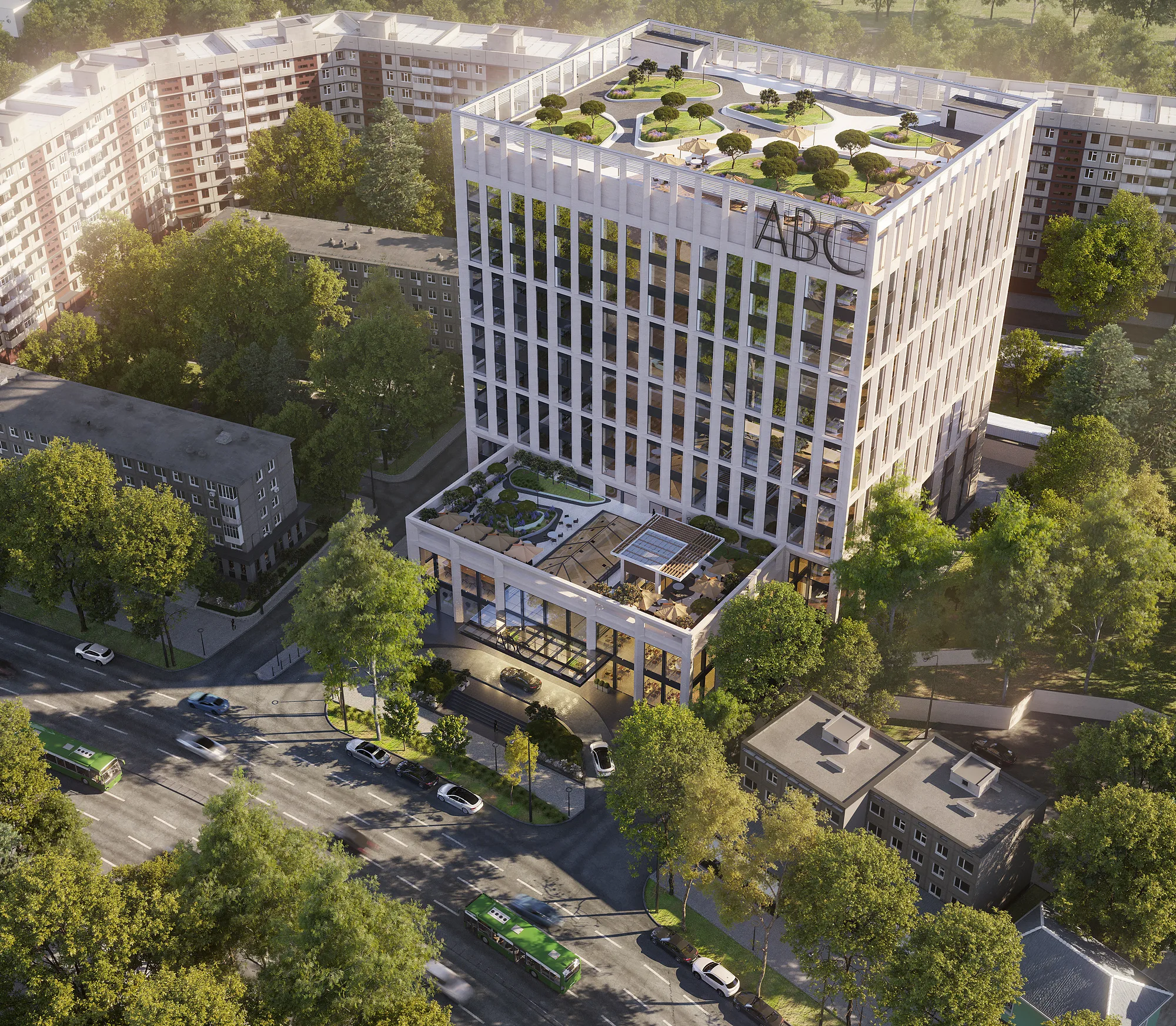 Class A business centre in Tashkent from above: the office volume with a planted accessible roof and the two-storey podium — SAD studio
