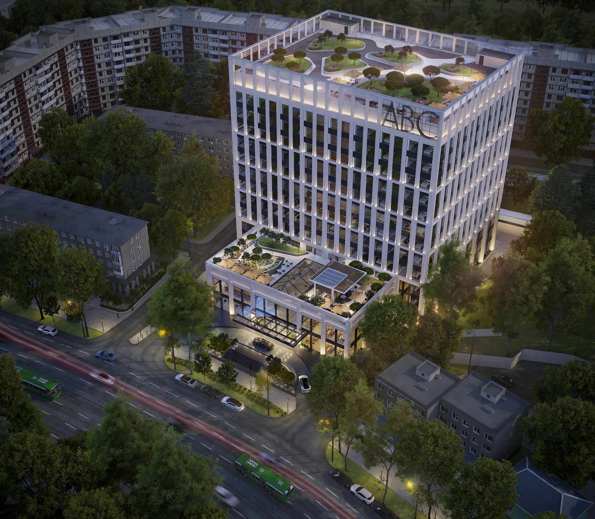 Business centre in Tashkent from above at dusk: the podium terrace and the avenue along the site — SAD studio