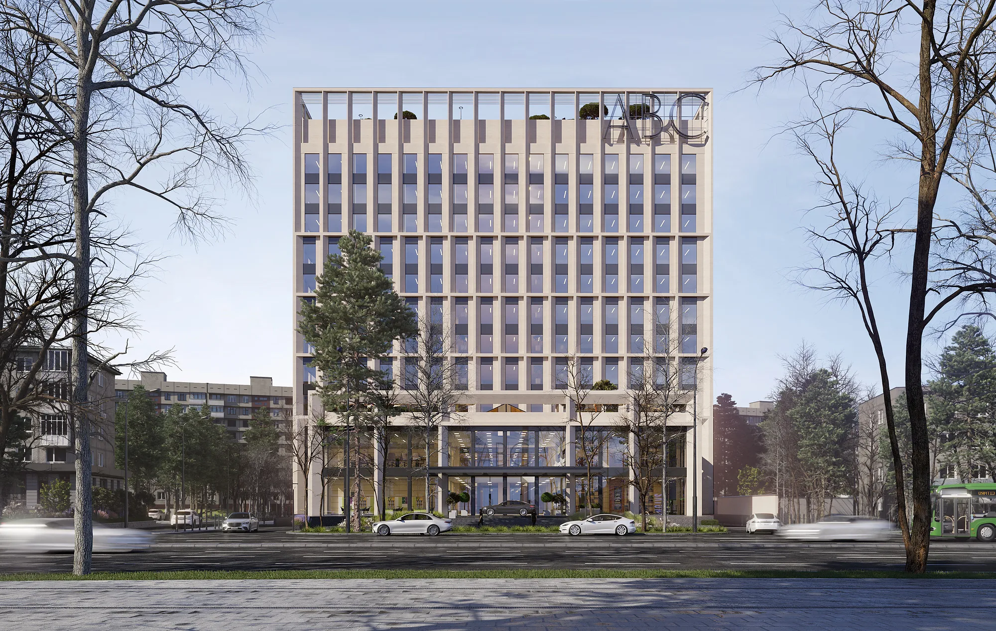 Street elevation of the business centre in Tashkent: the long facade front and the entrance zone — SAD studio