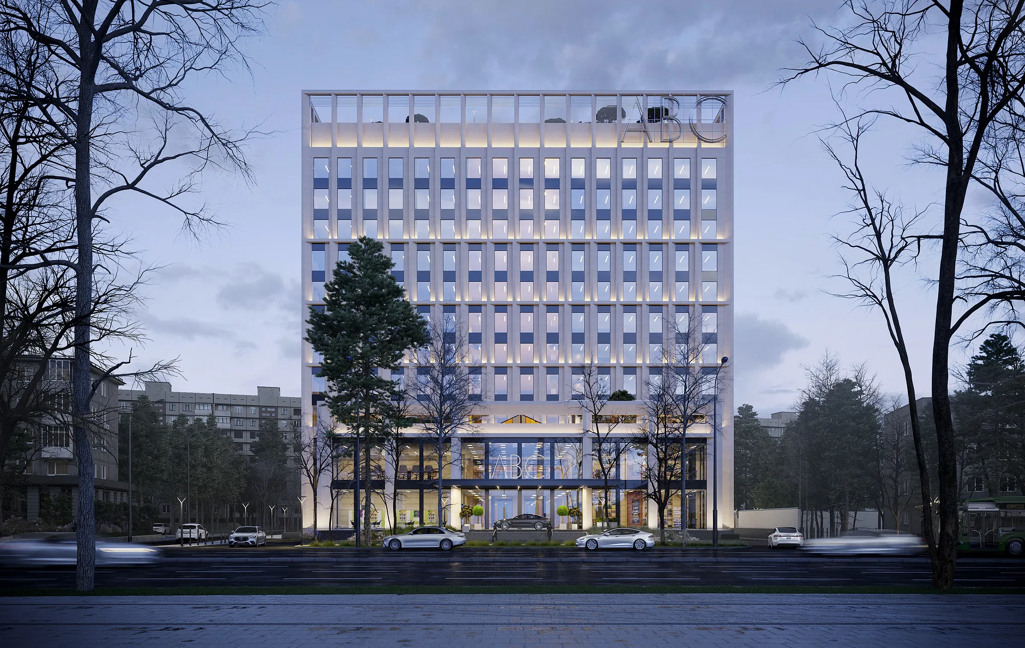 Frontal view of the business centre in Tashkent: the symmetrical finned facade and the lit entrance — SAD studio