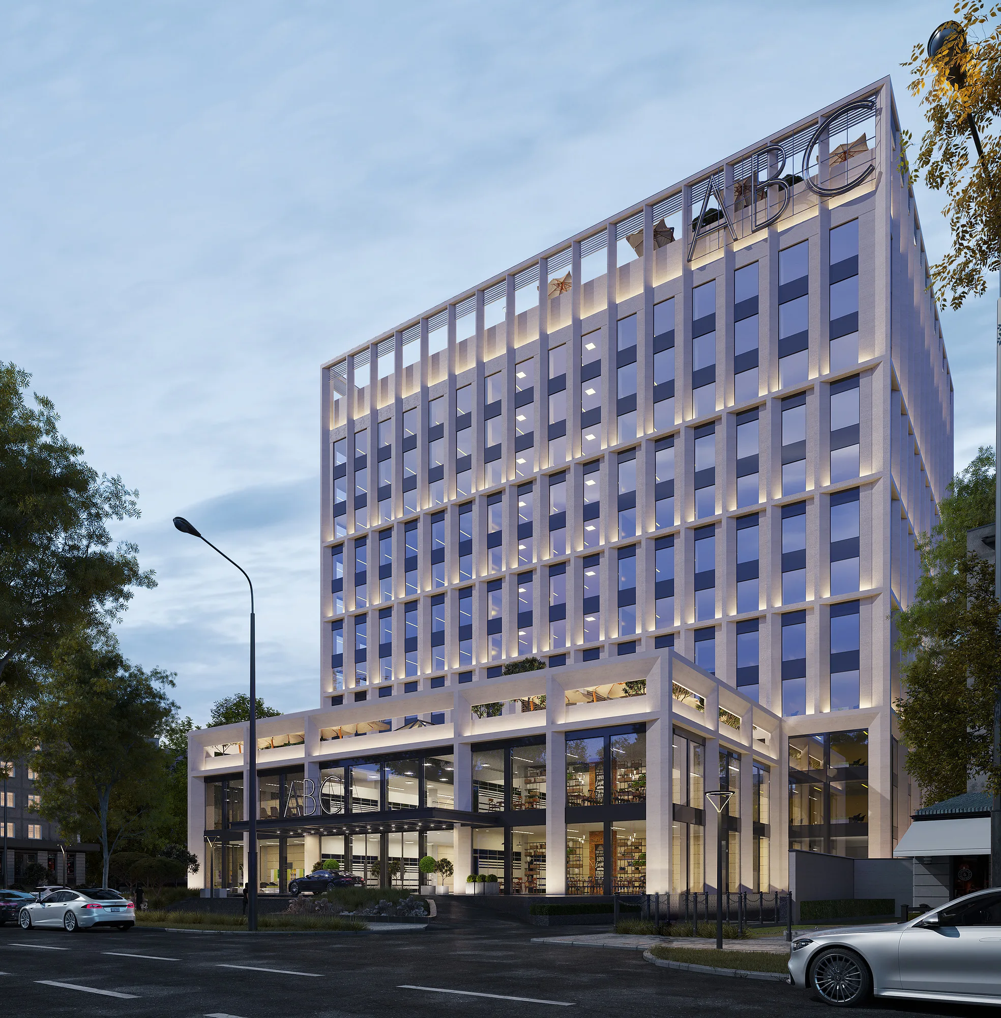 Evening street view of the business centre in Tashkent: warm lighting of the public level — SAD studio