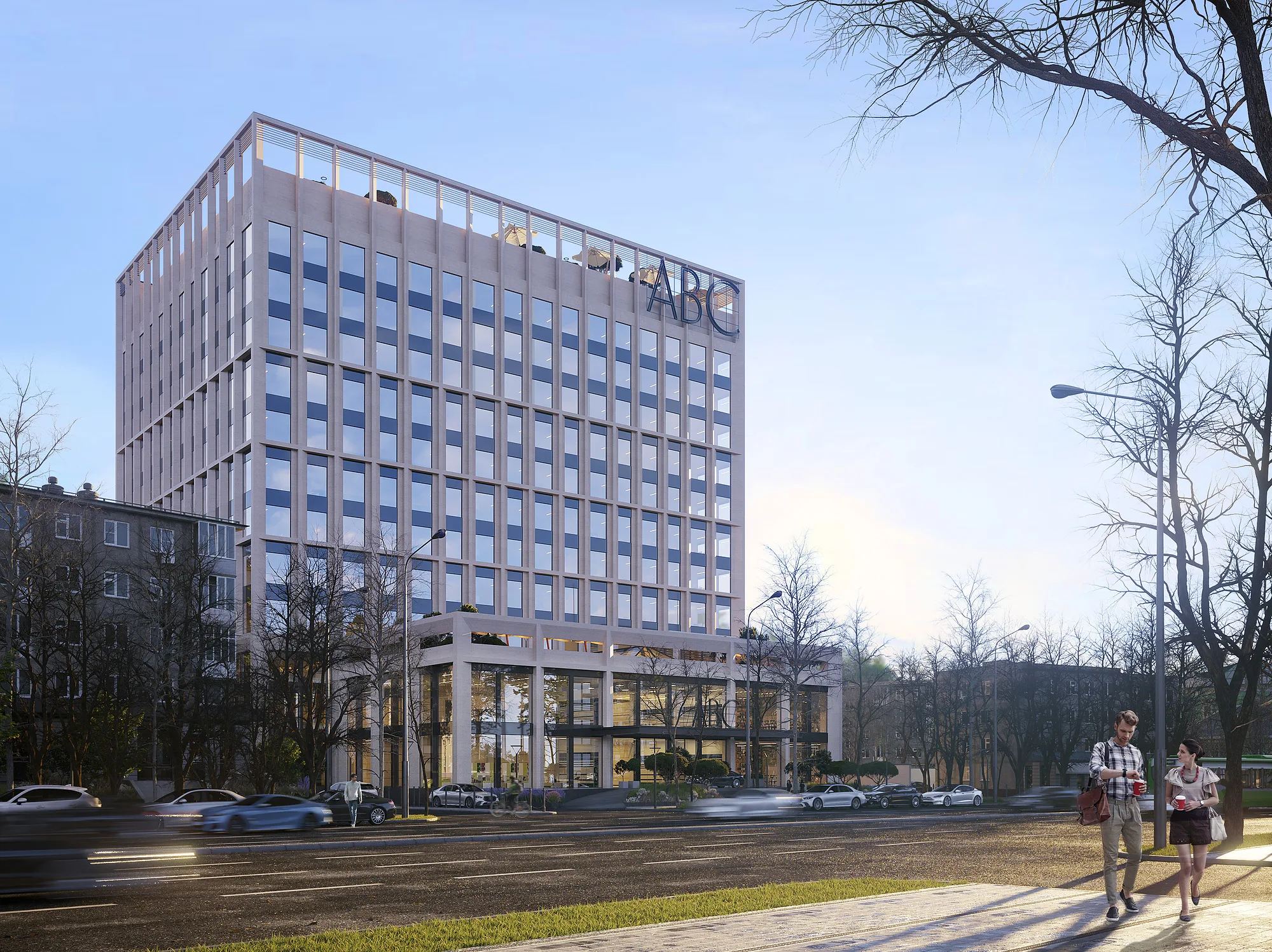Business centre in Tashkent by day: the main facade with signage, the podium and pedestrians on the pavement — SAD studio