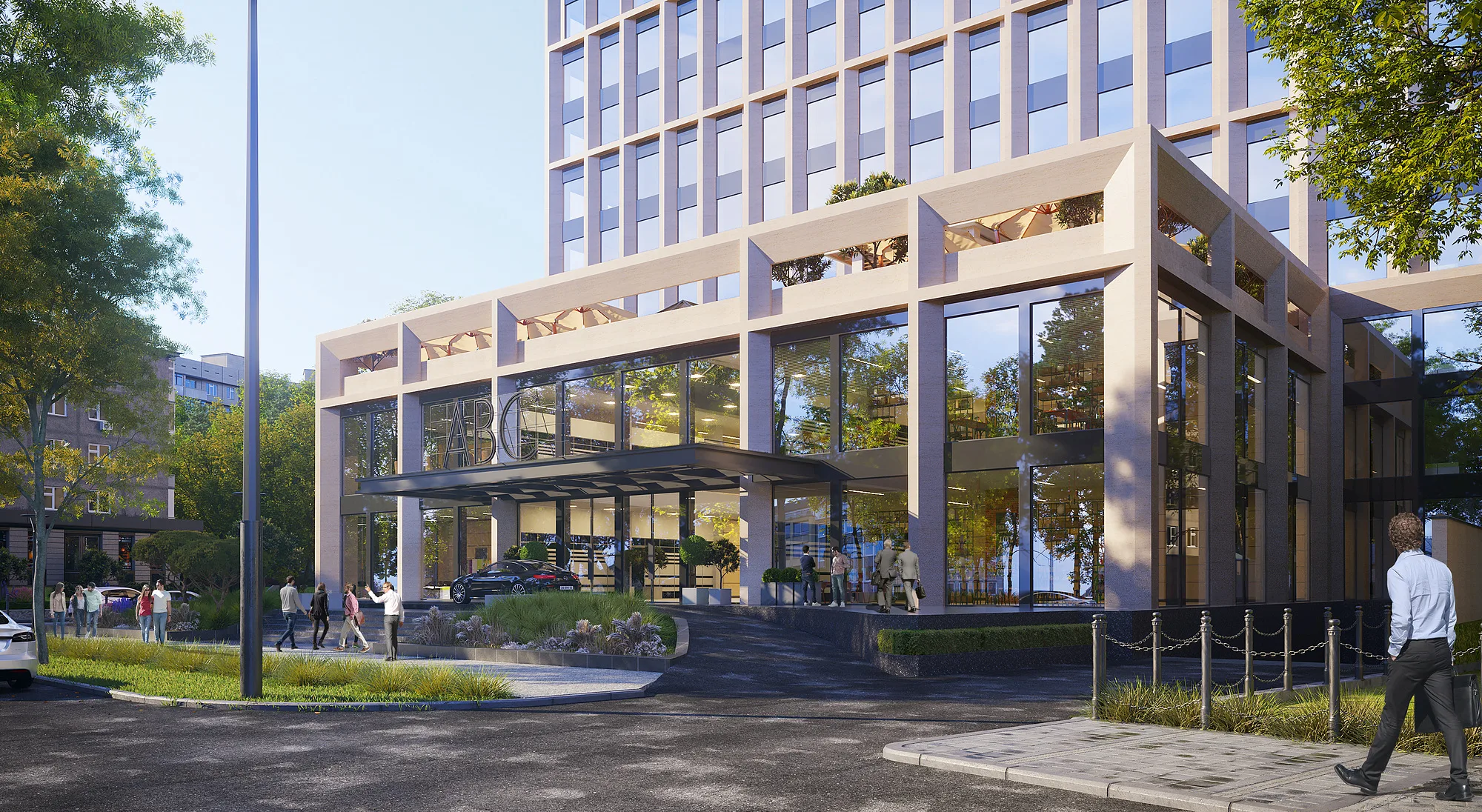 Public podium of the business centre in Tashkent: the colonnade, planting and ground-level shopfronts — SAD studio