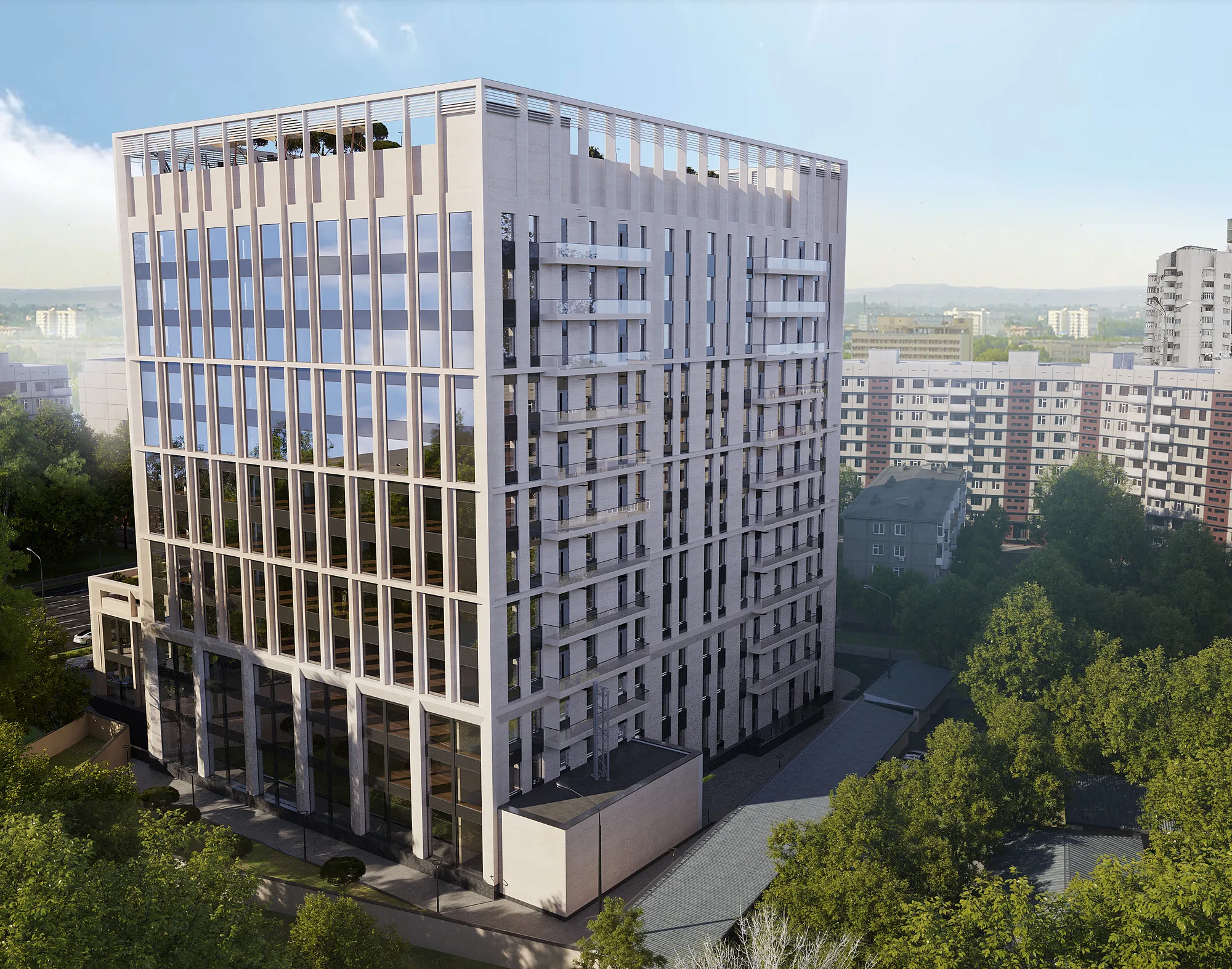 Business centre in Tashkent from above on the courtyard side: the side elevation and the surrounding housing — SAD studio