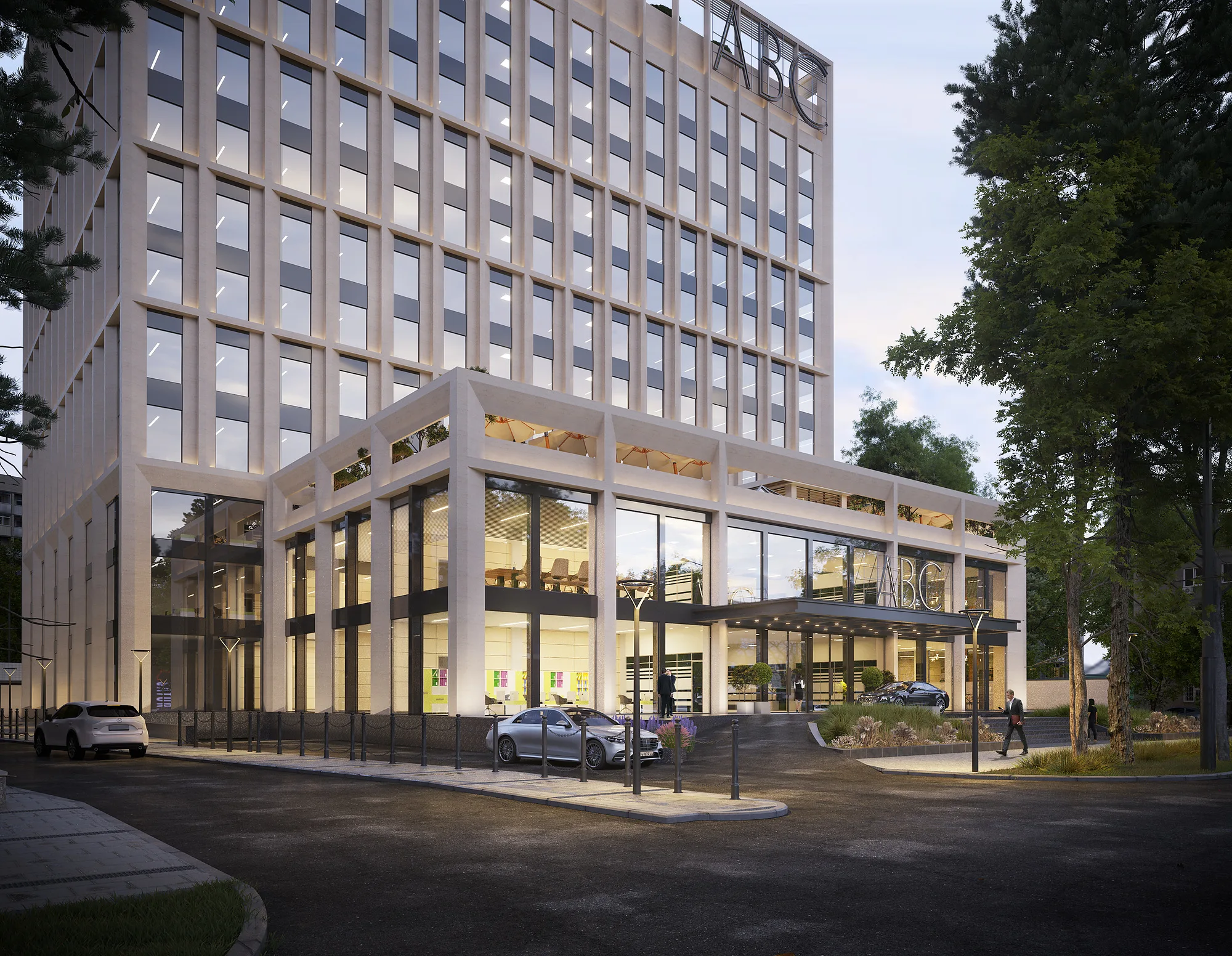 Podium corner of the business centre in Tashkent: the double-height colonnade and the glazed public level — SAD studio