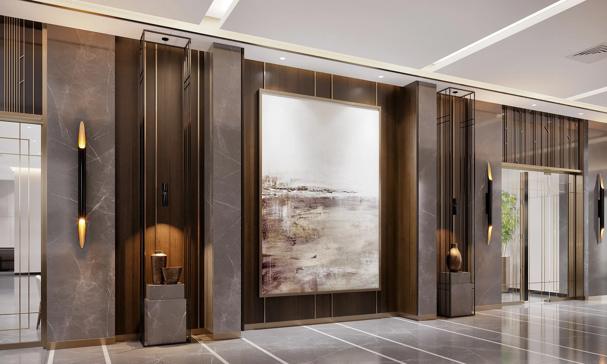 Lobby with stone panels and artwork, SAD architecture studio