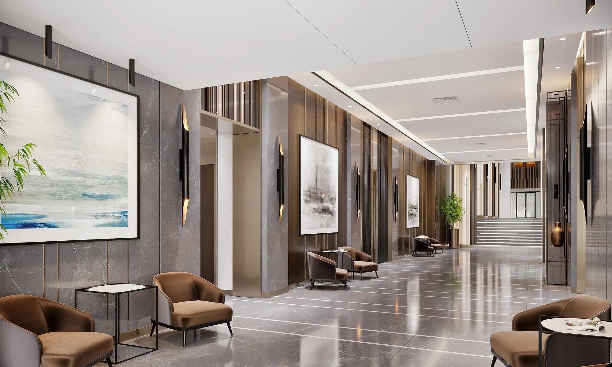 Waiting area in the lobby: armchairs, side tables and wall art, SAD architecture studio