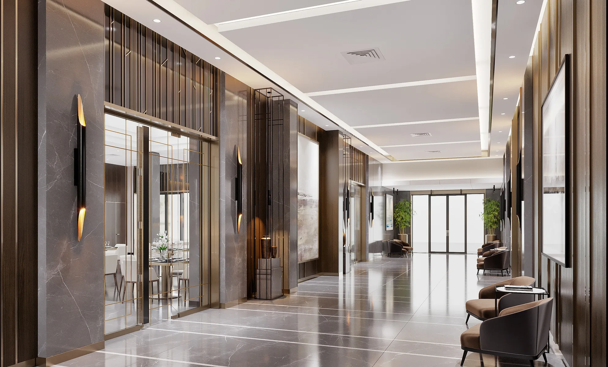 Long corridor of the business centre with waiting areas, SAD architecture studio