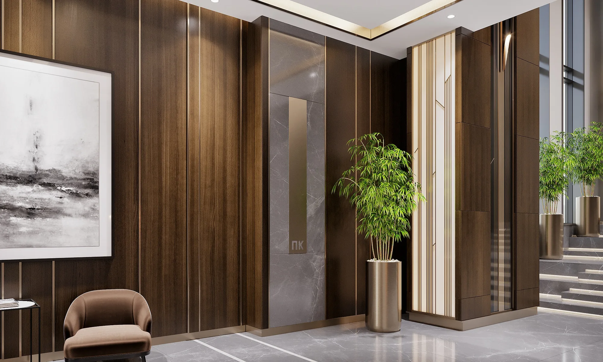 Hall with artwork, an armchair and planters, SAD architecture studio