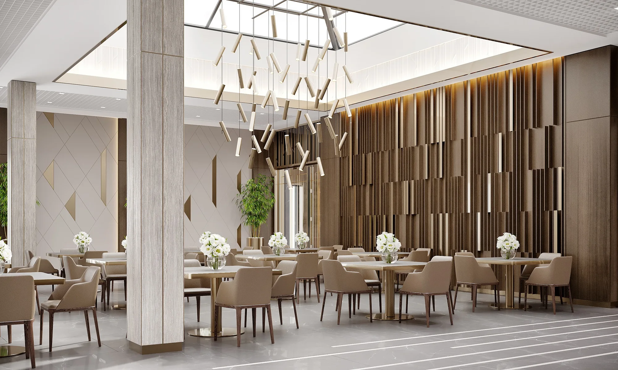 Banquet hall overview: columns, slatted walls and table settings, SAD architecture studio