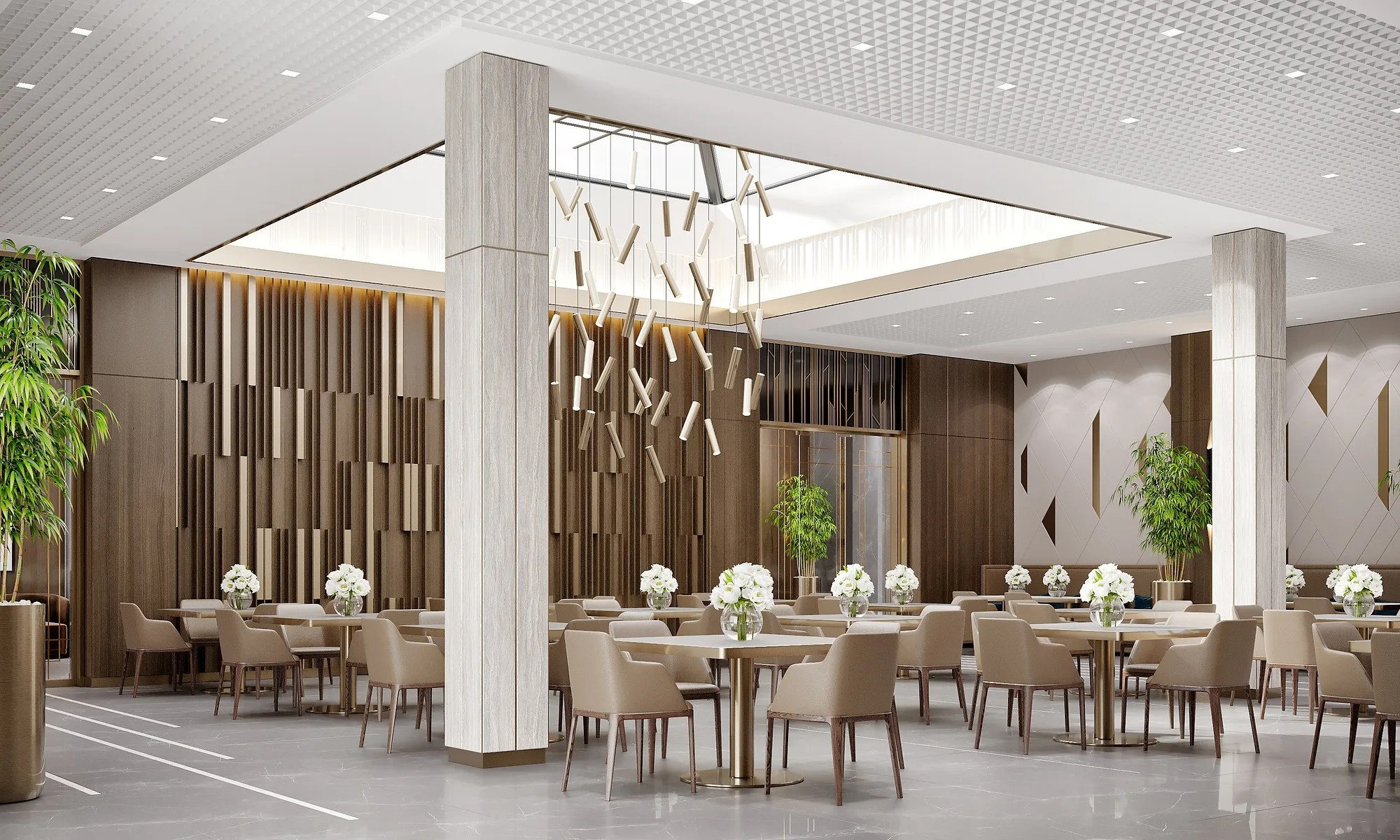 Banquet hall seen along the row of tables, SAD architecture studio