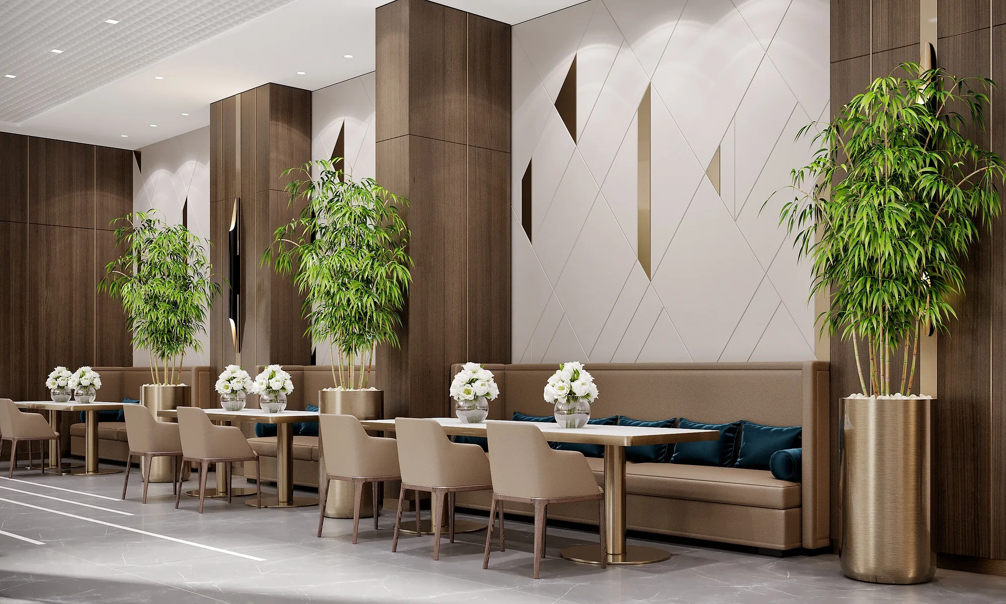 Restaurant area with banquettes, bamboo planting and set tables, SAD architecture studio
