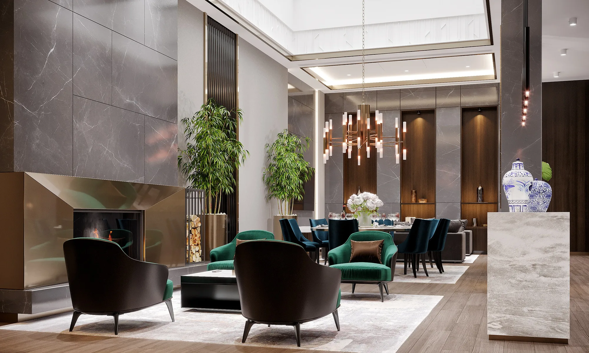 Lounge overview with fireplace and soft seating, SAD architecture studio