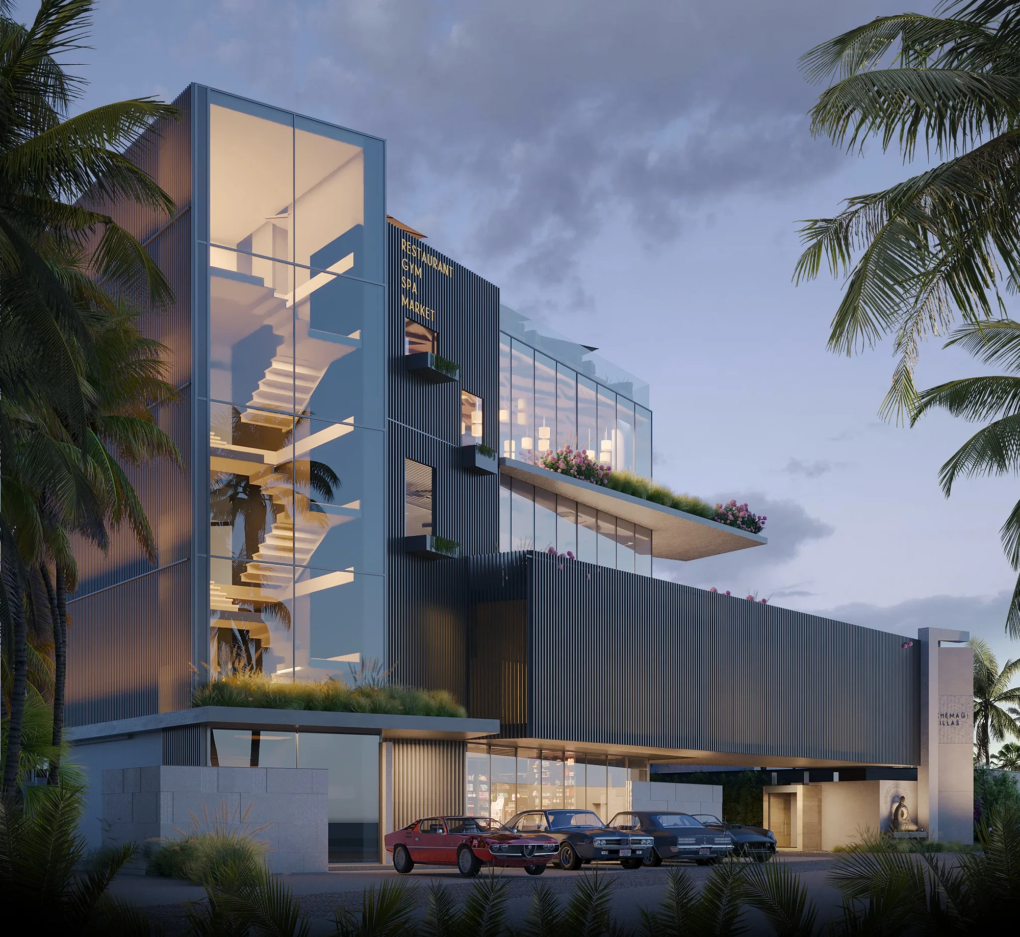 The facade with vertical planting and the stair