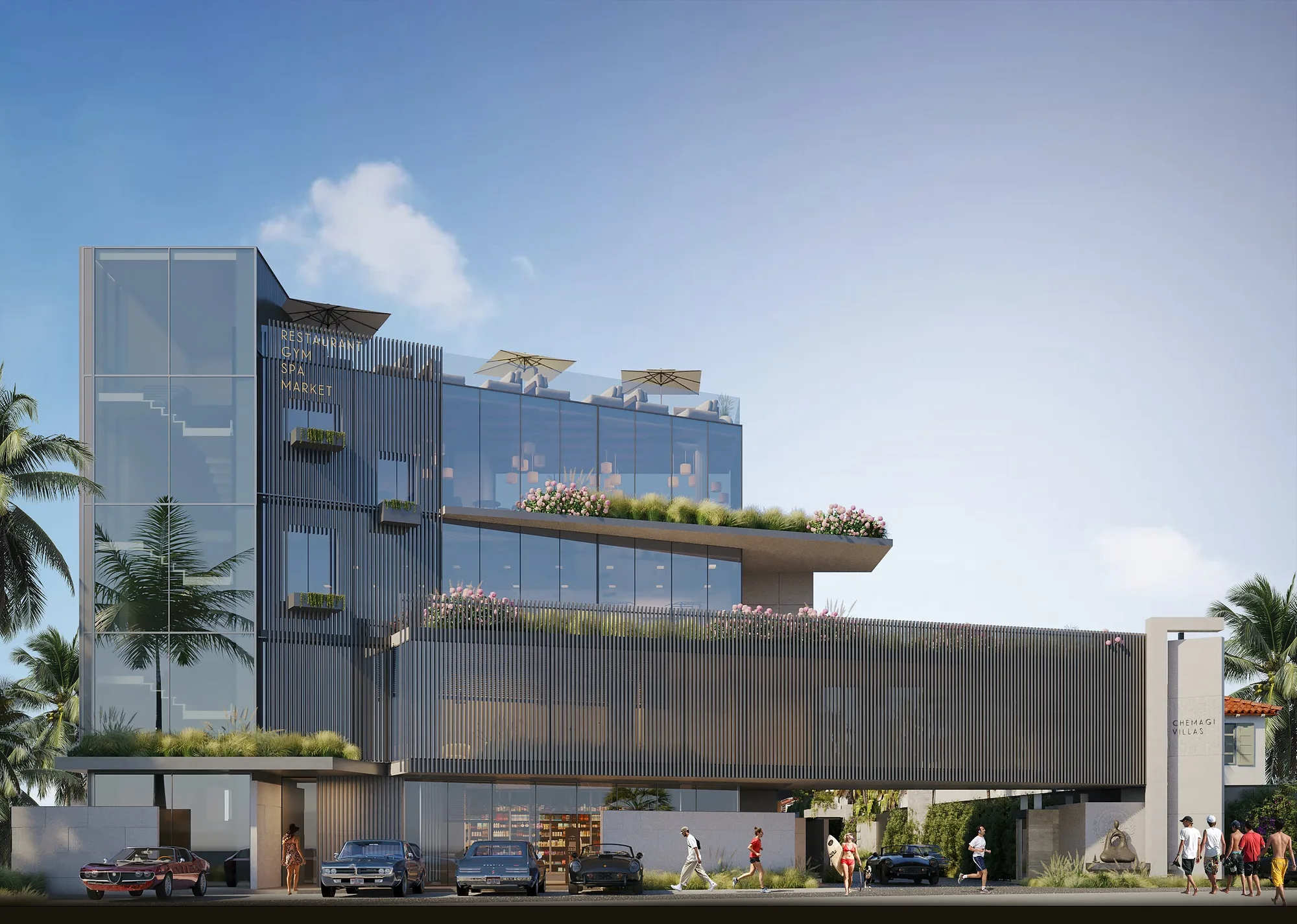 The side facade of the complex with terraces