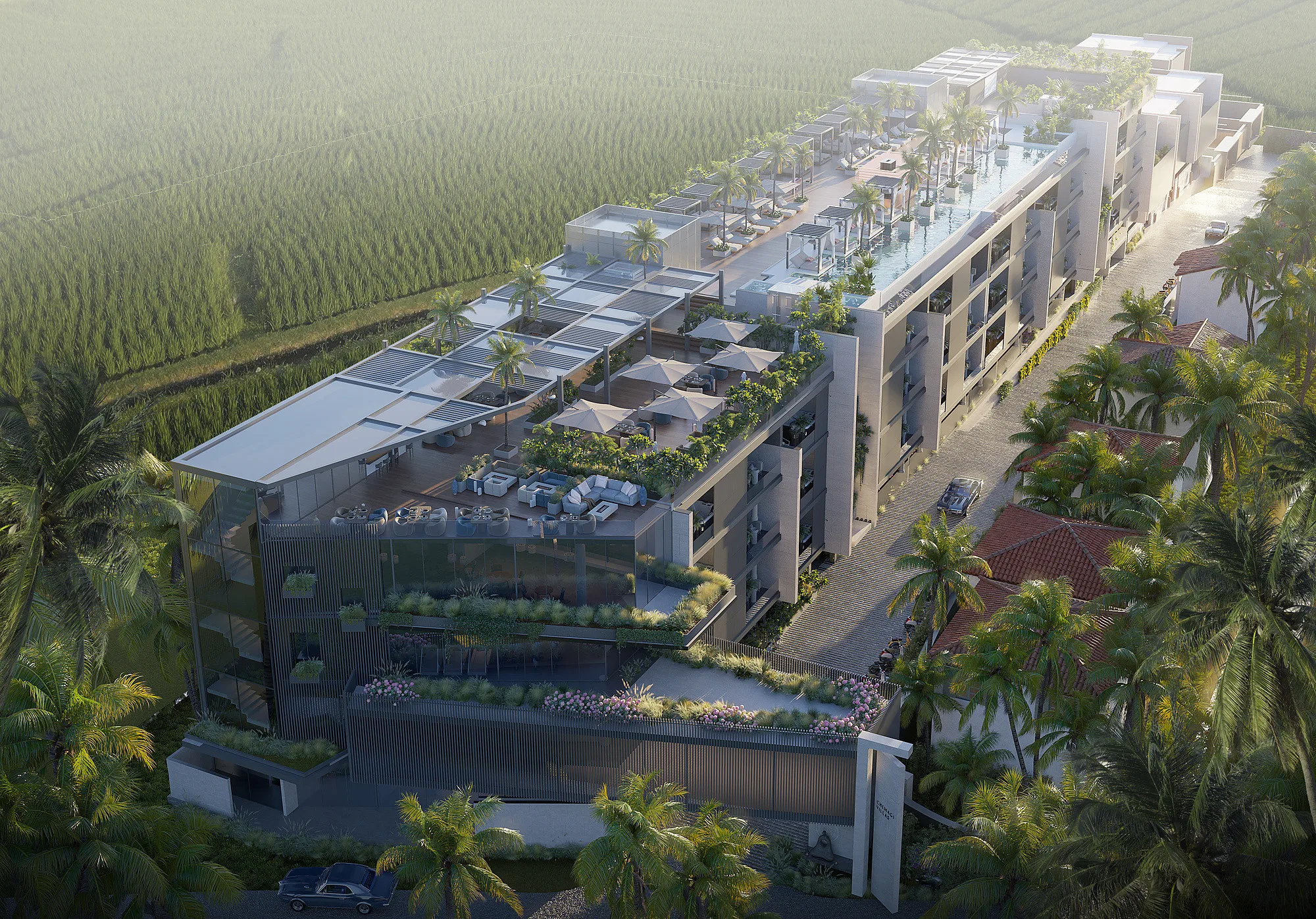 Aerial view of the Cemagi villa complex on Bali among the rice fields — a SAD project