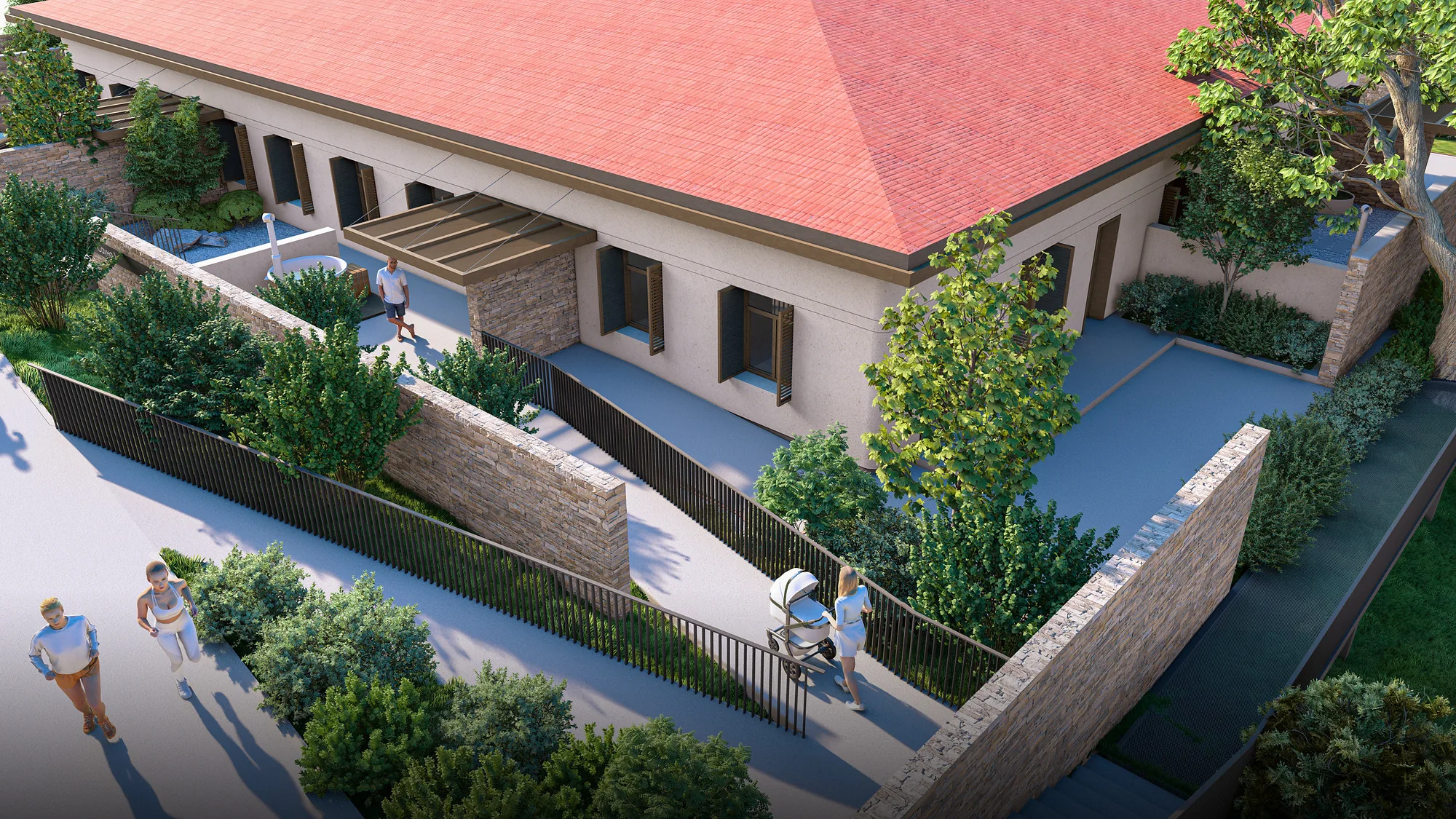 Charos Eco SPA render: top view of the entrance and courtyard — SAD studio
