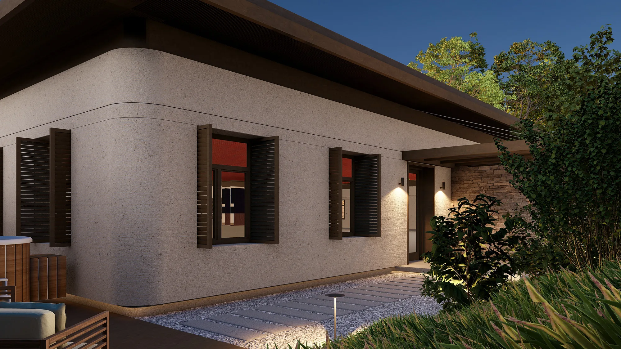 Charos Eco SPA render: sauna courtyard with a plunge tub — SAD studio