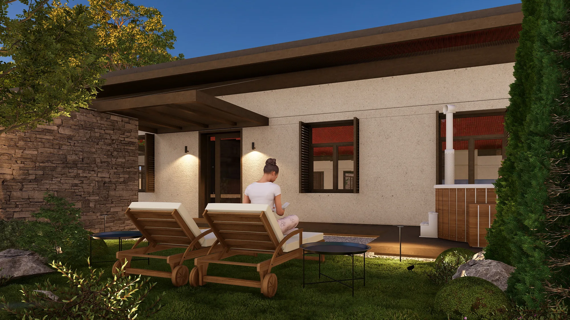 Charos Eco SPA render: loungers on the terrace — SAD studio