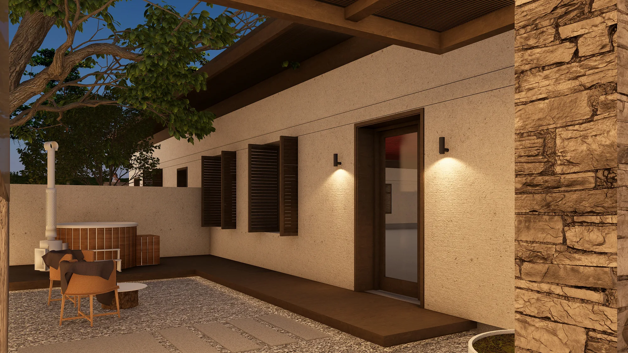 Charos Eco SPA render: terrace and stone wall — SAD studio