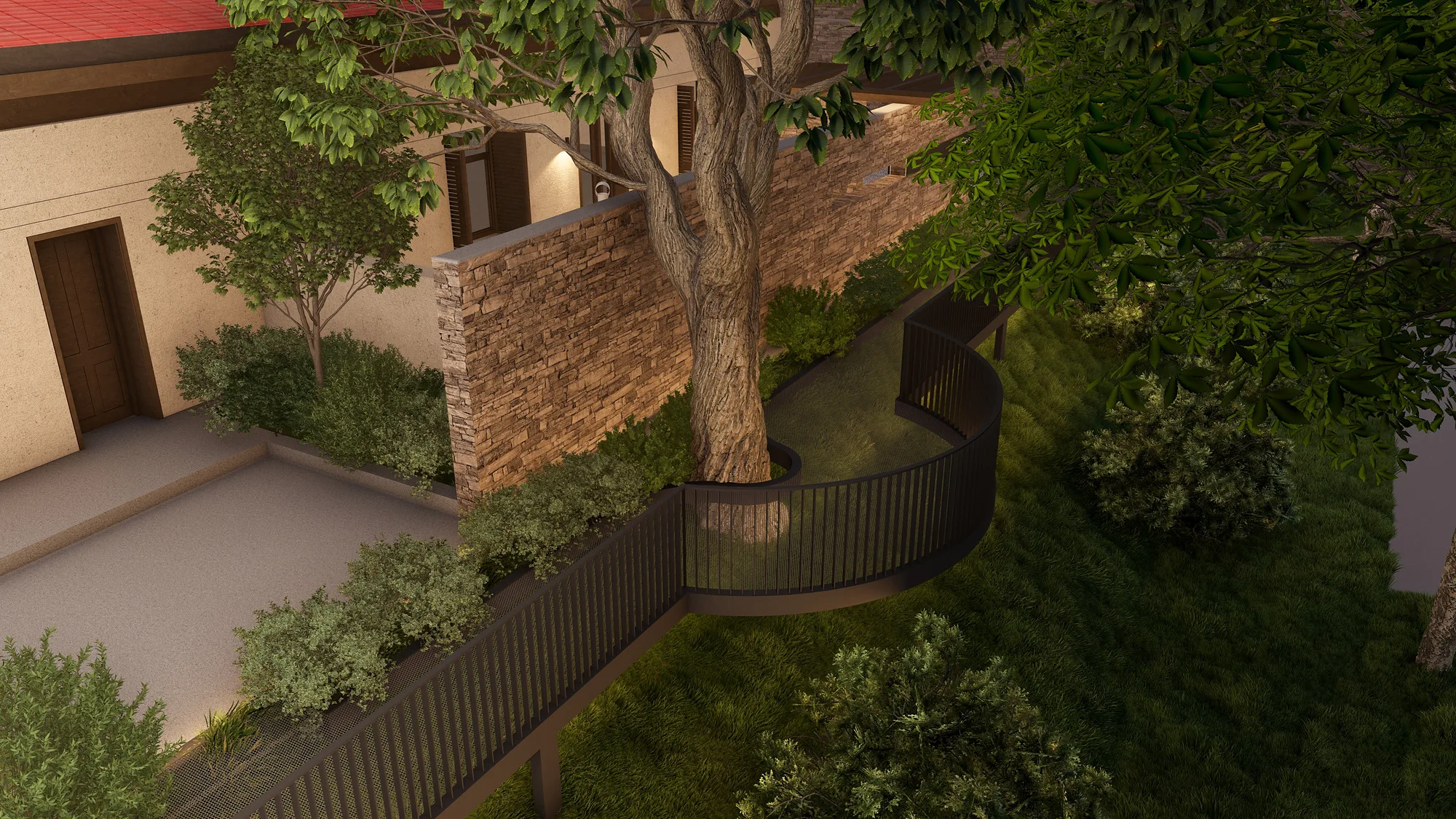 Charos Eco SPA render: tree in the courtyard — SAD studio