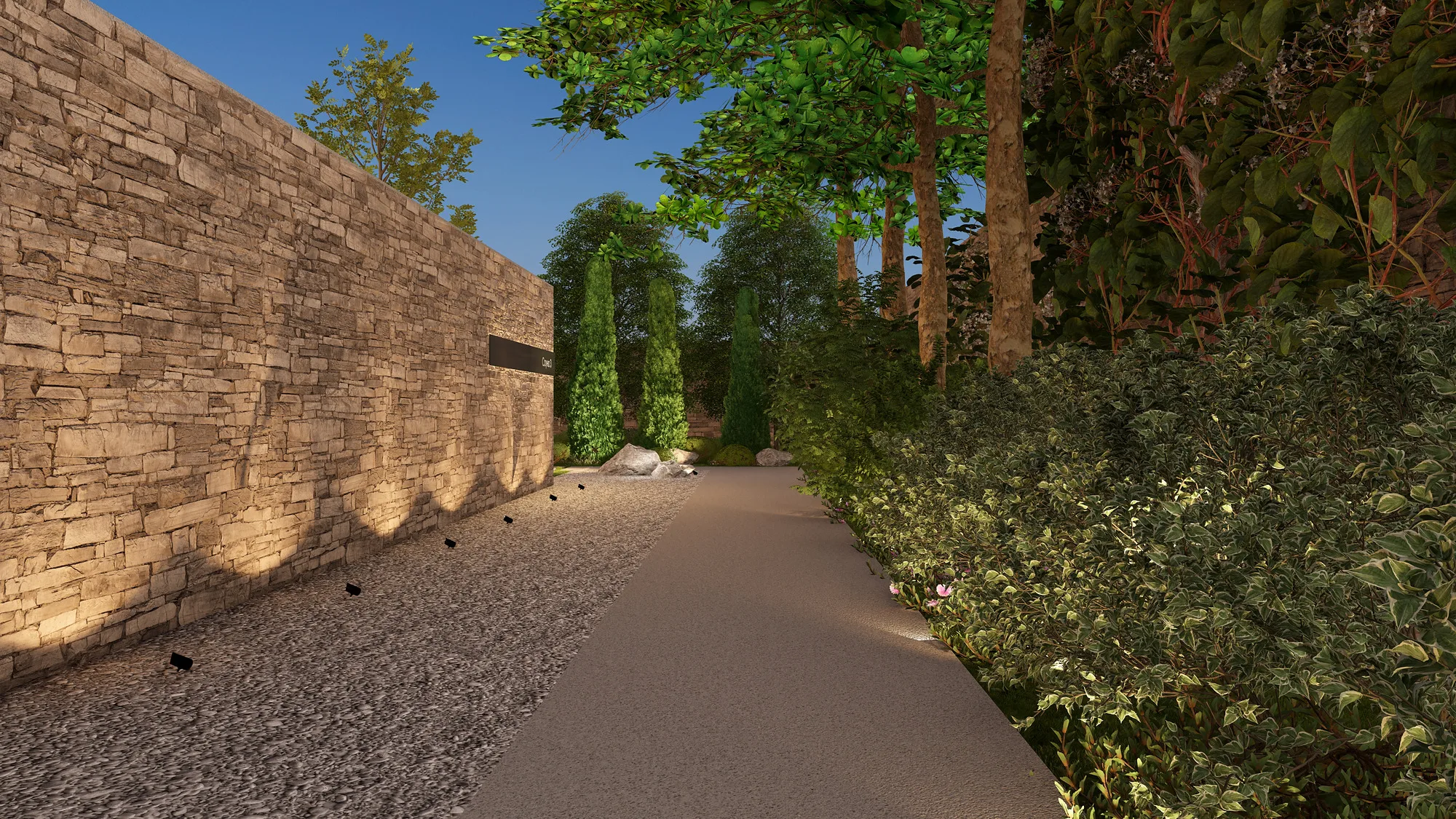 Charos Eco SPA render: path along the stone wall — SAD studio