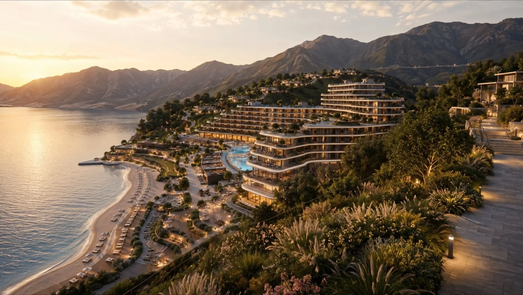 The resort from above: the stepped volume, the pools and the beach